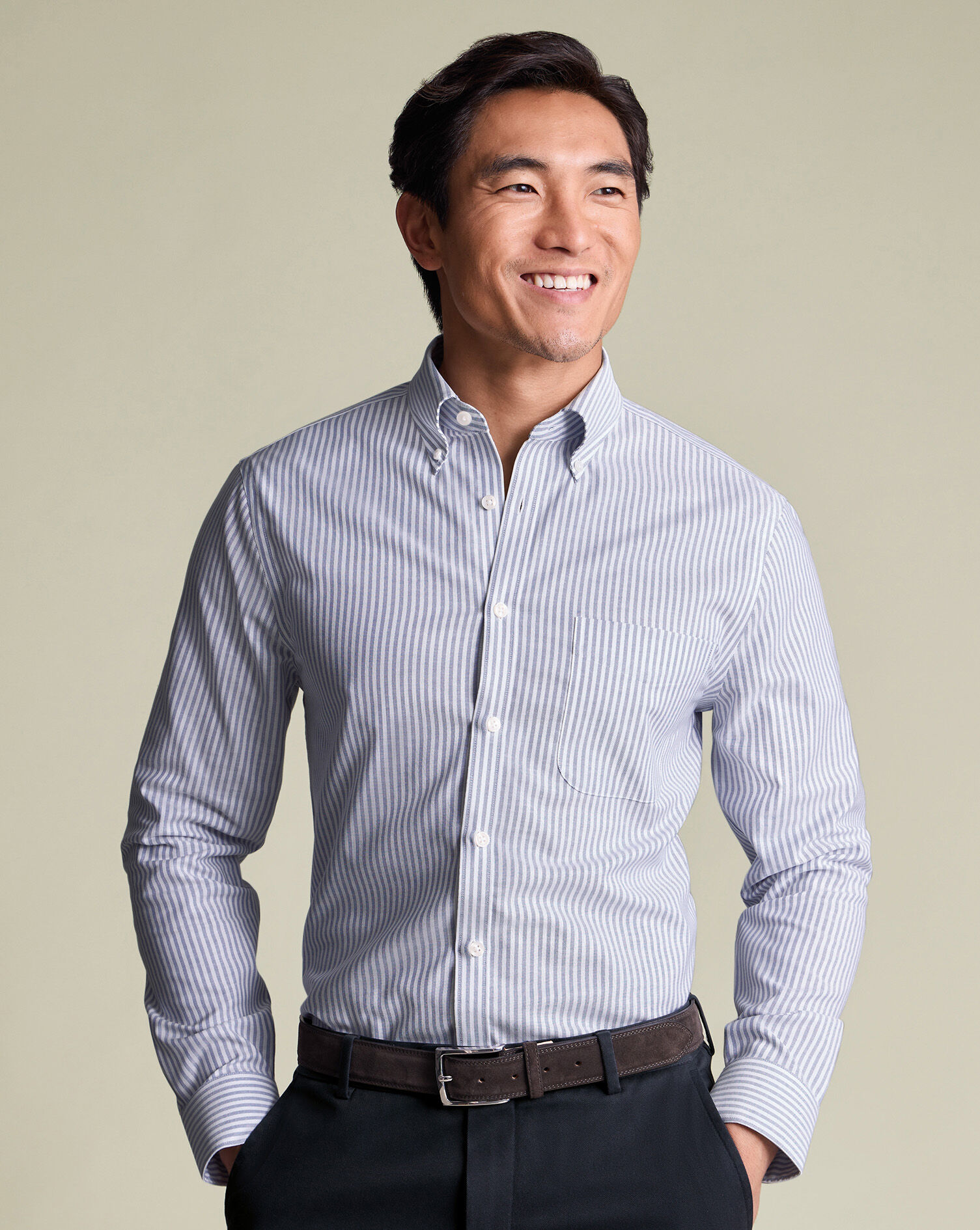 Non-Iron Stretch Oxford Stripe Shirt - Mid Blue
