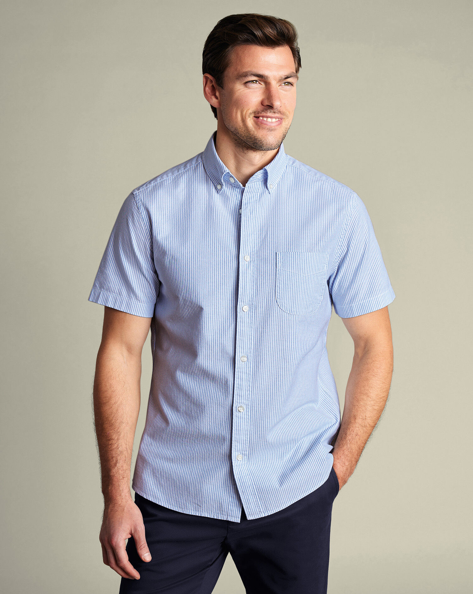 Washed Oxford Stripe Short Sleeve Shirt - Blue