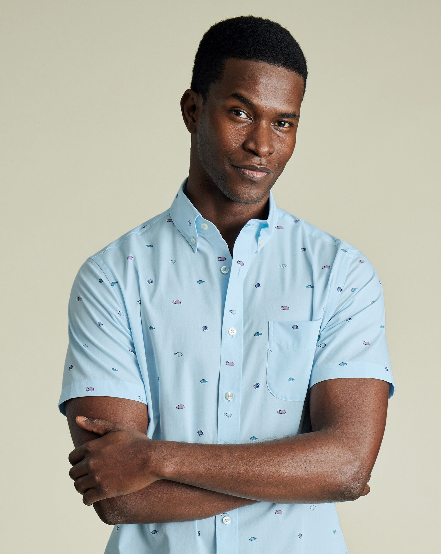 Non-Iron Poplin Fish Print Short Sleeve Shirt - Sky Blue
