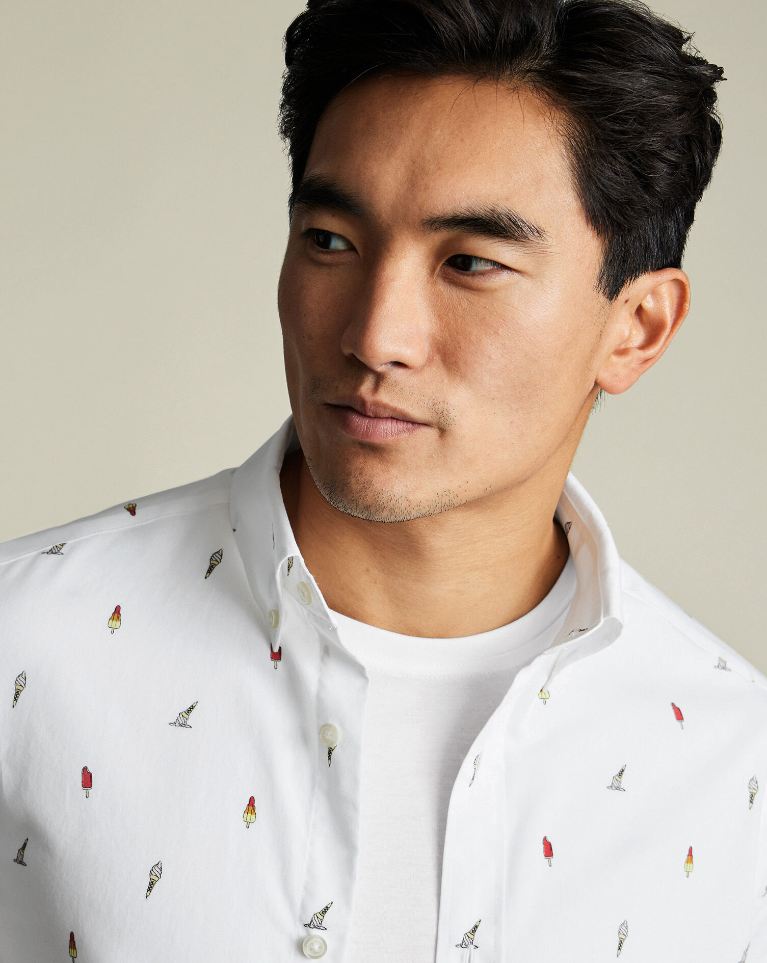 Non-Iron Poplin Ice Cream Print Short Sleeve Shirt - White