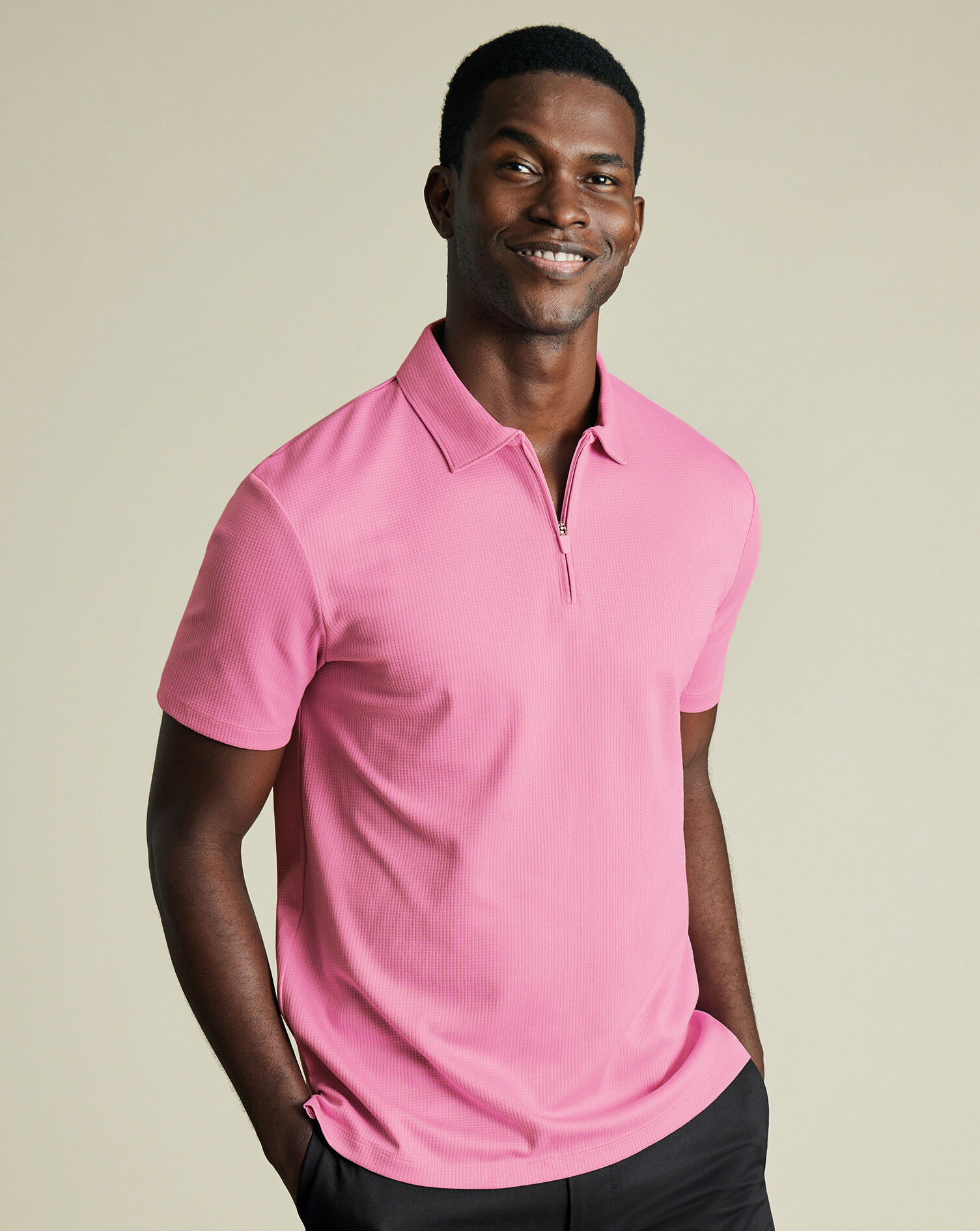 Performance Textured Zip-Neck Polo - Pink