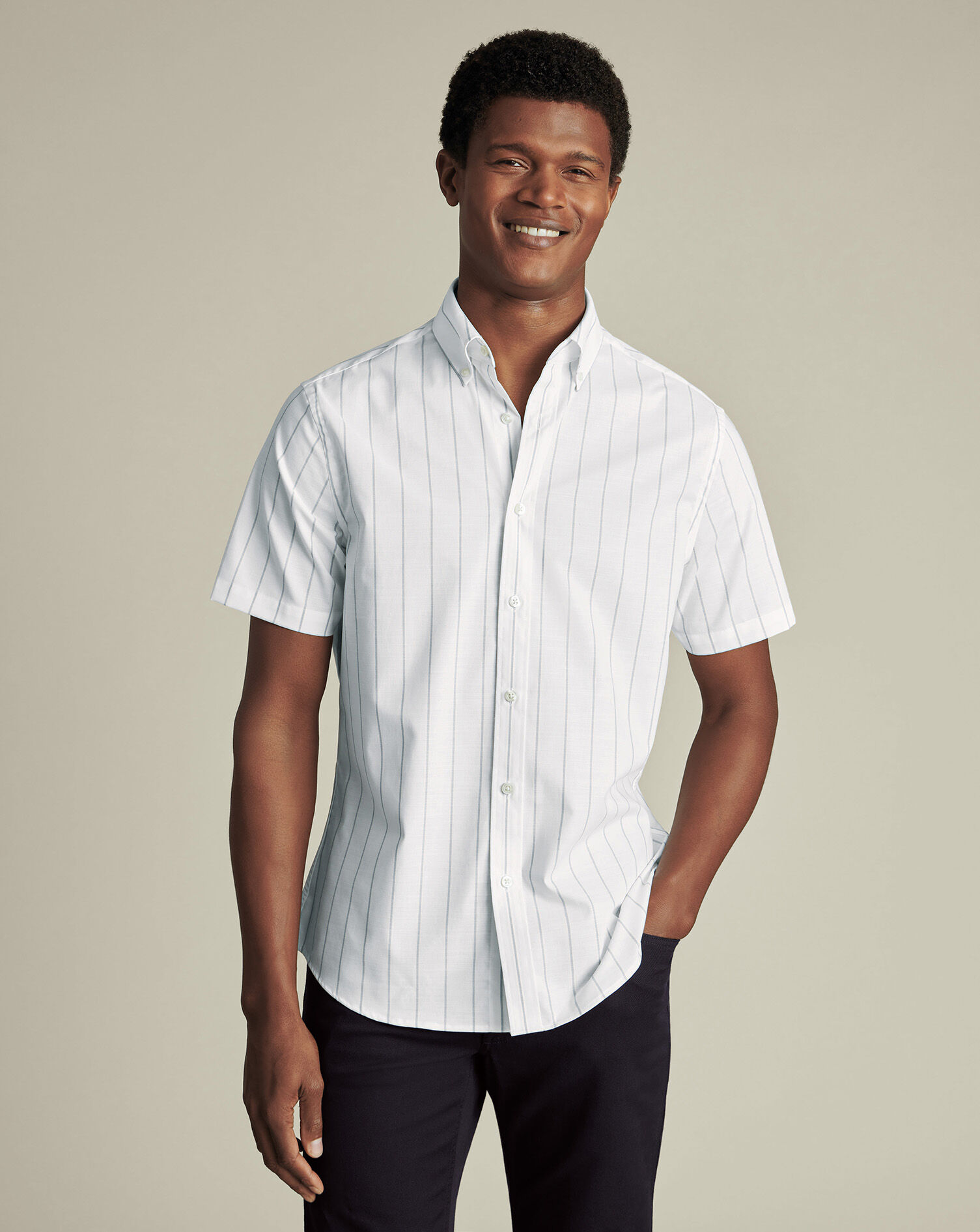 Non-Iron Stretch Poplin Slub Short Sleeve Shirt - White & Blue
