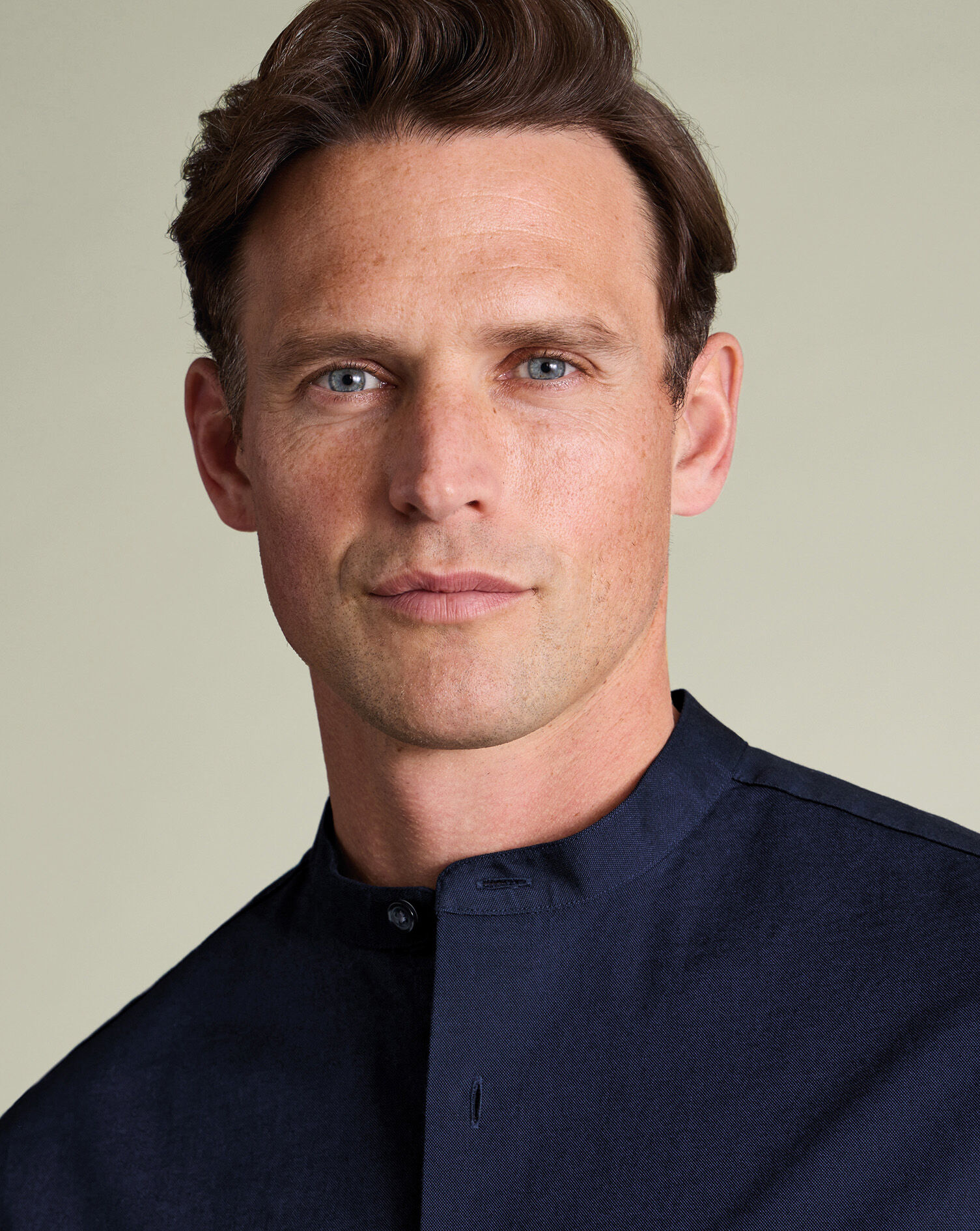 Collarless Stretch Washed Oxford Shirt - Ink Blue