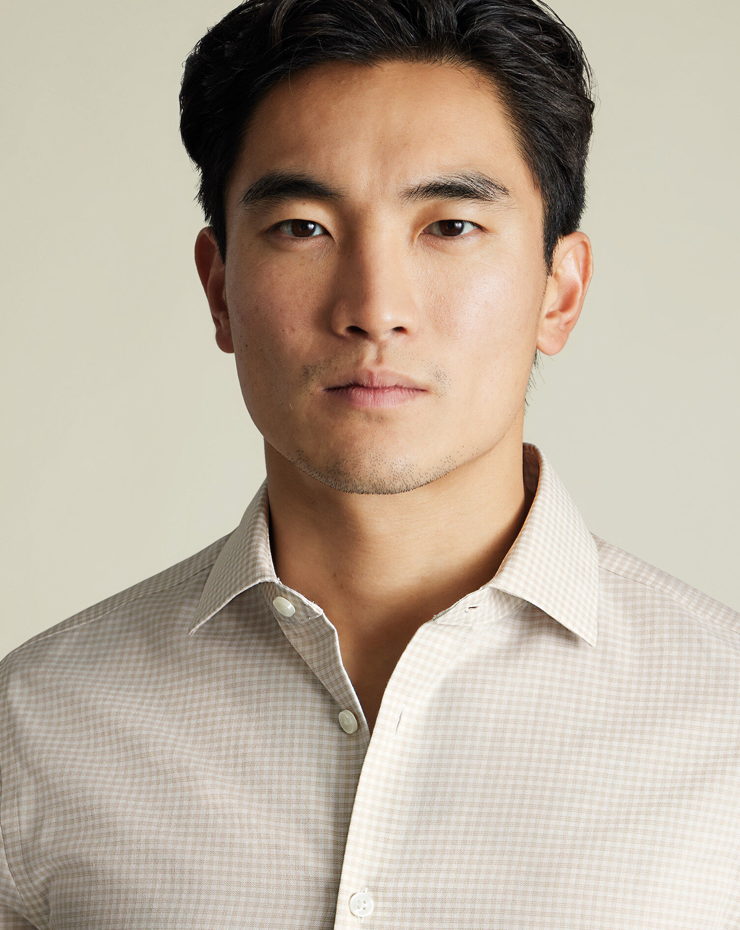 Non-Iron Cotton Linen Check Shirt - Stone