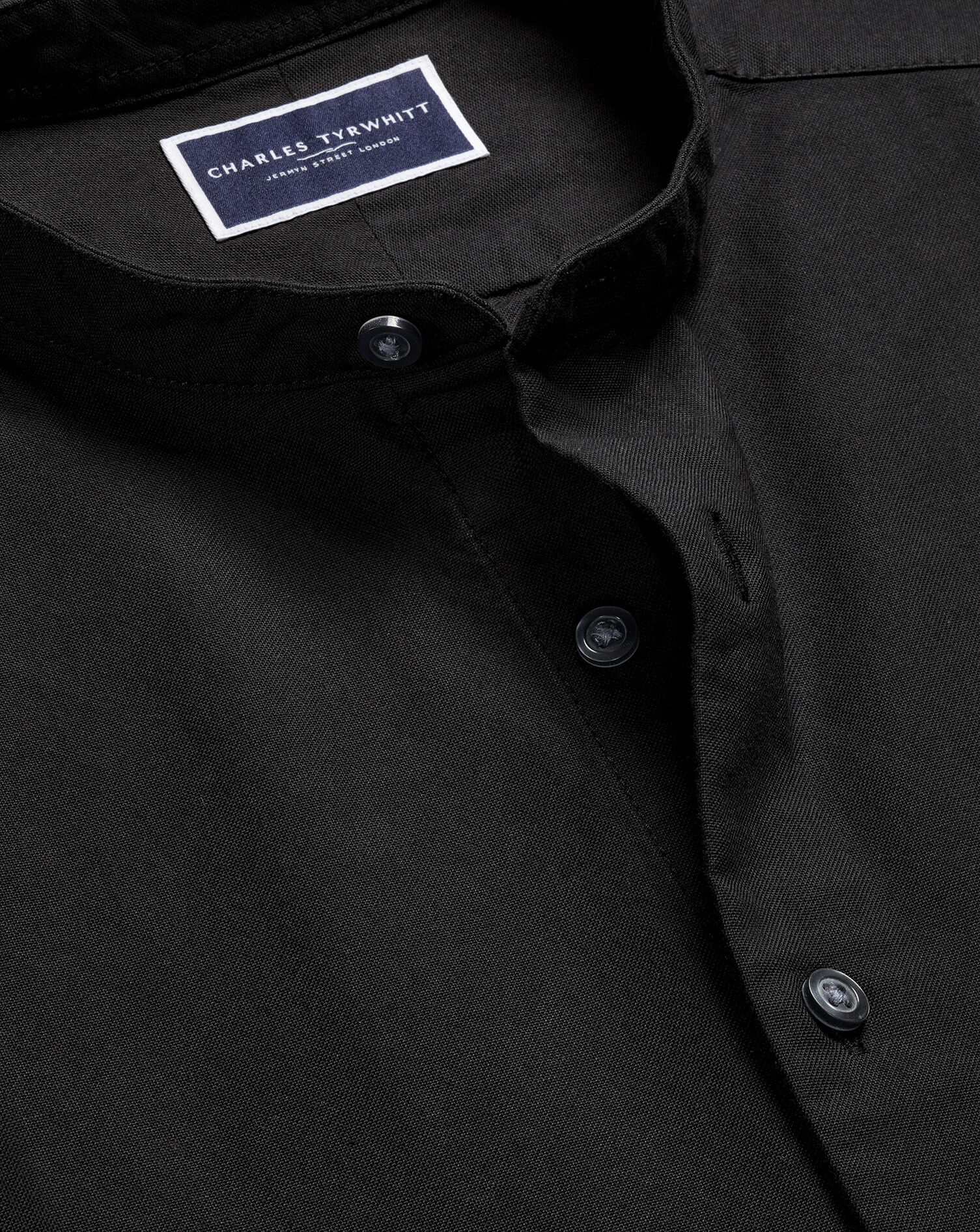 Collarless Stretch Washed Oxford - Black