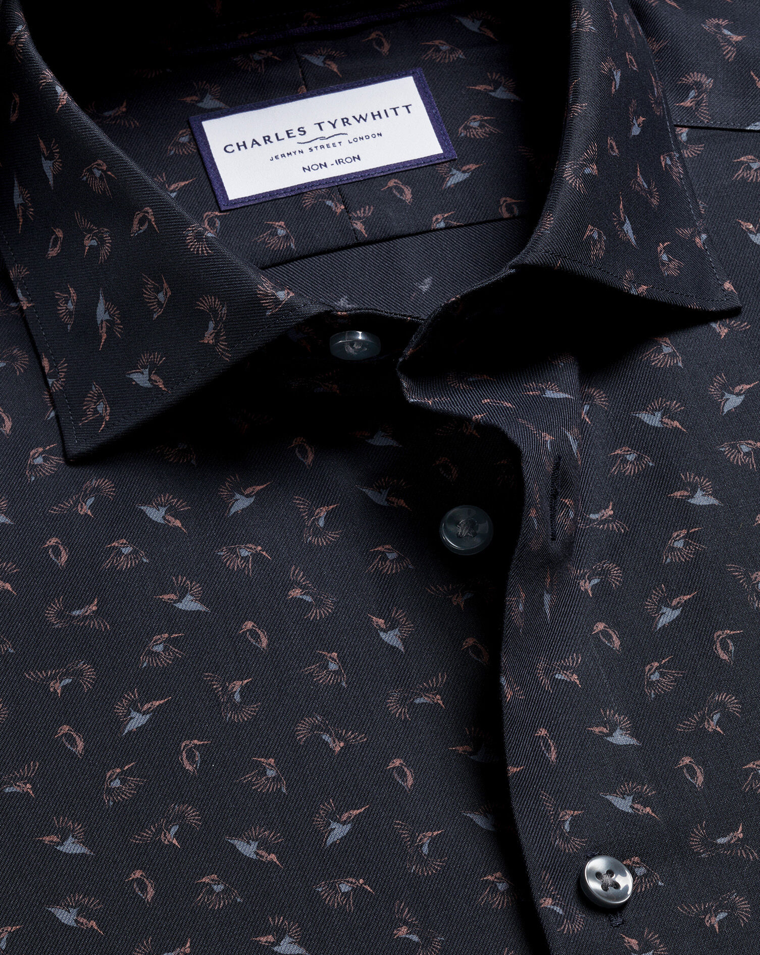 Non-Iron Stretch Bird Print Shirt - Charcoal