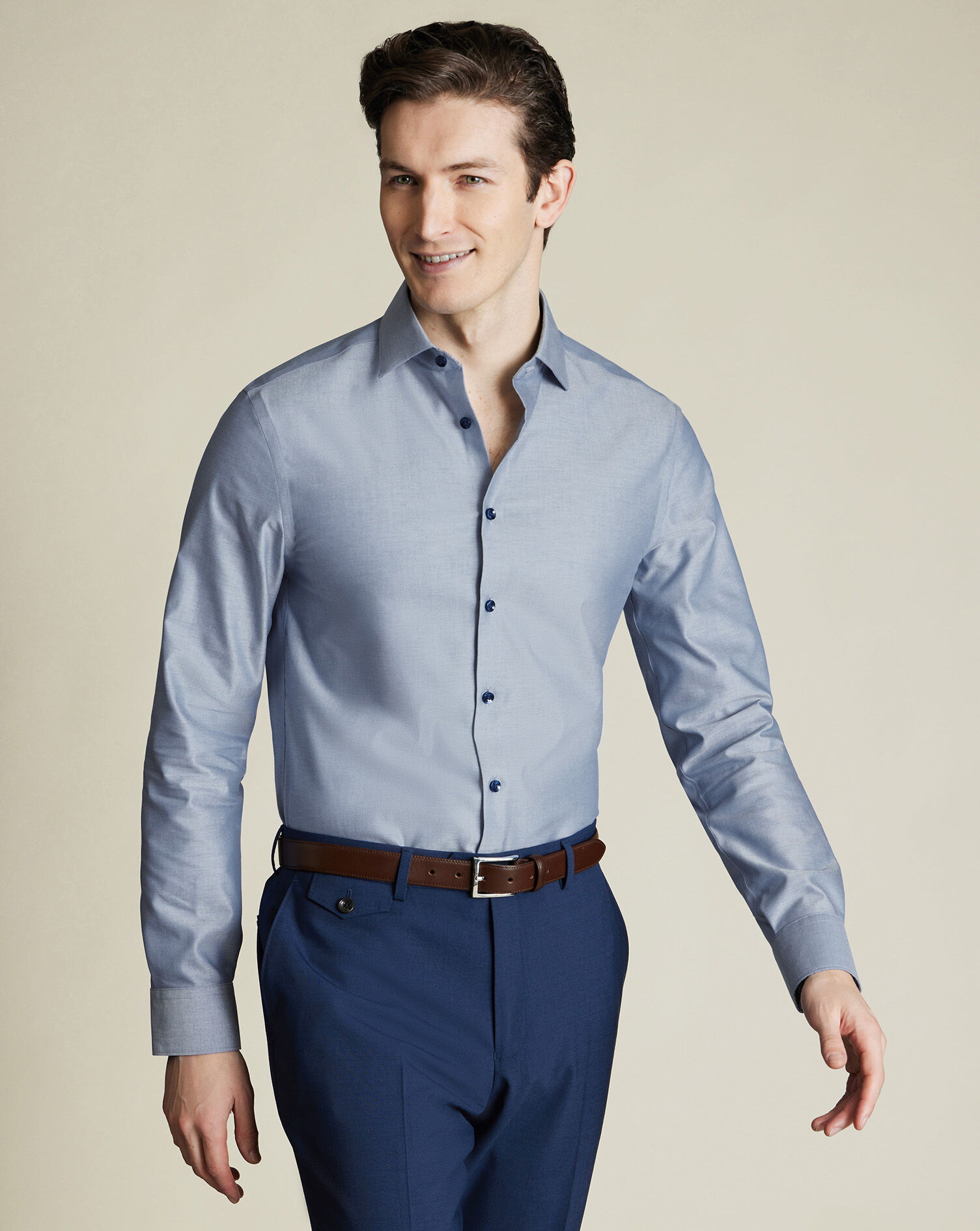 Non-Iron Stretch Printed Trim Shirt - Steel Blue