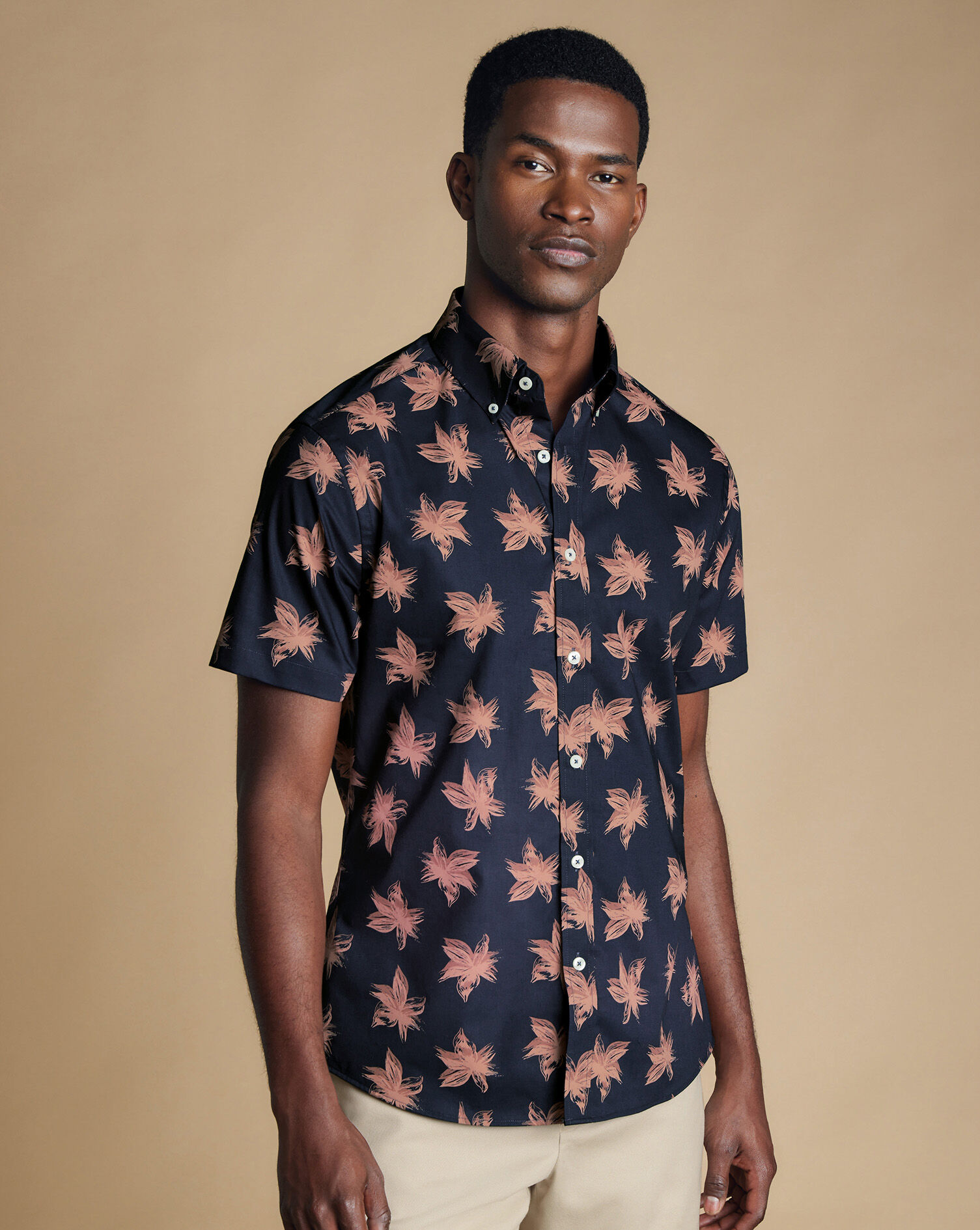 Non-Iron Large Floral Print Short Sleeve Shirt - Navy