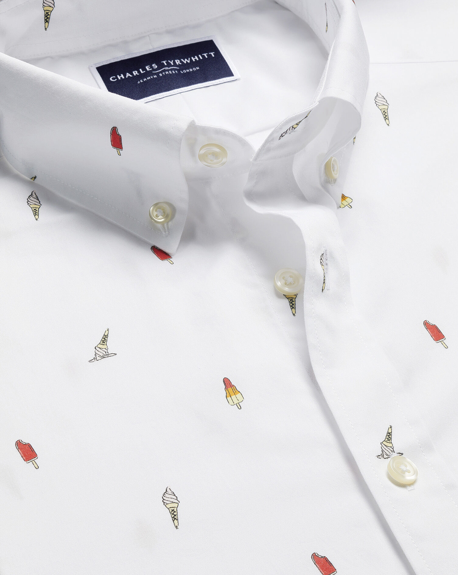Non-Iron Poplin Ice Cream Print Short Sleeve Shirt - White