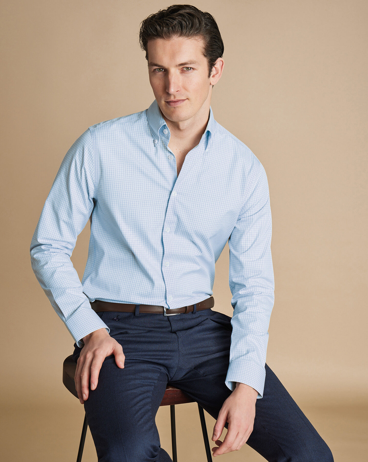 Button-Down Collar Non-Iron Grid Check Oxford Shirt - Light Blue