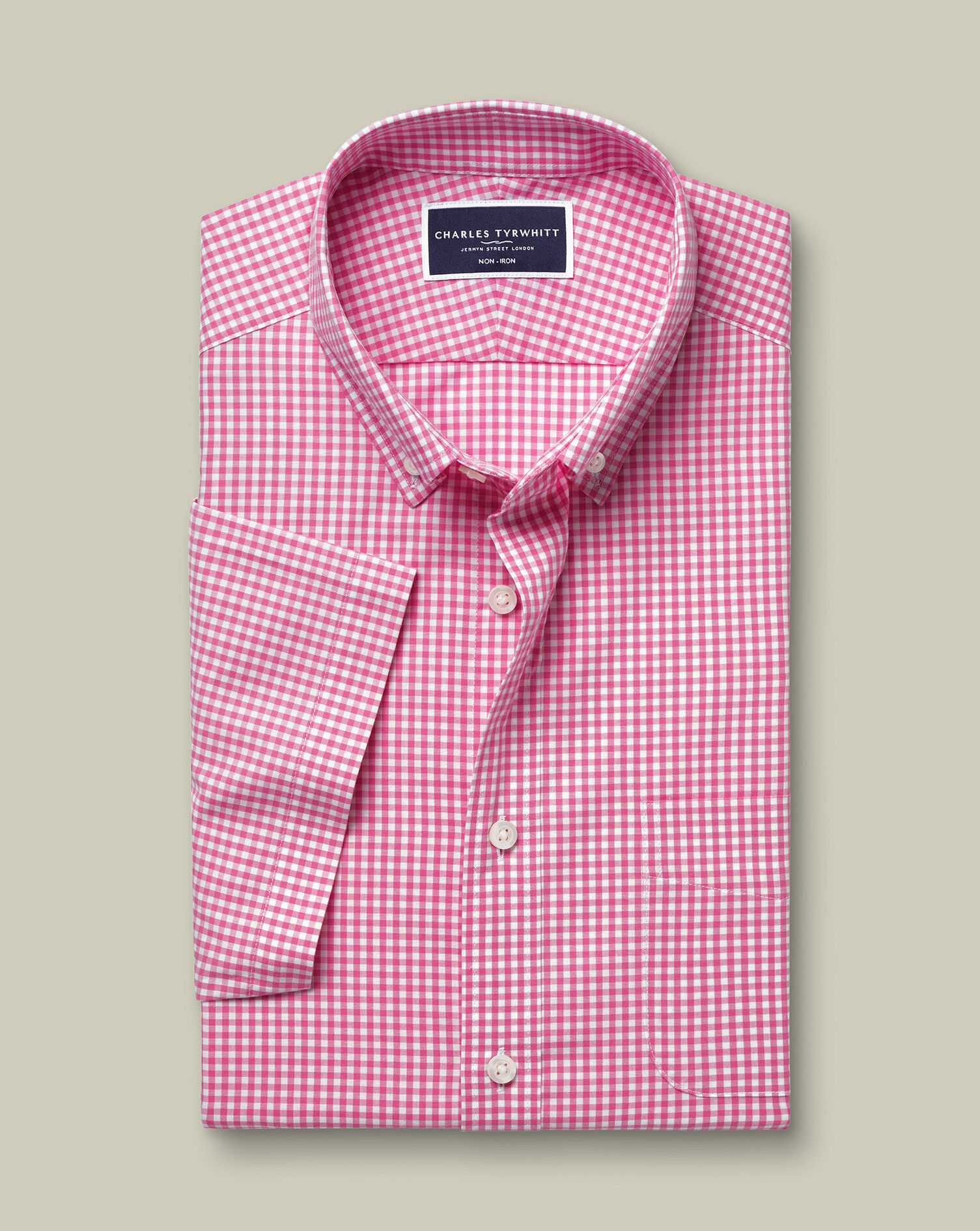 Non-Iron Stretch Poplin Check Short Sleeve Shirt - Pink