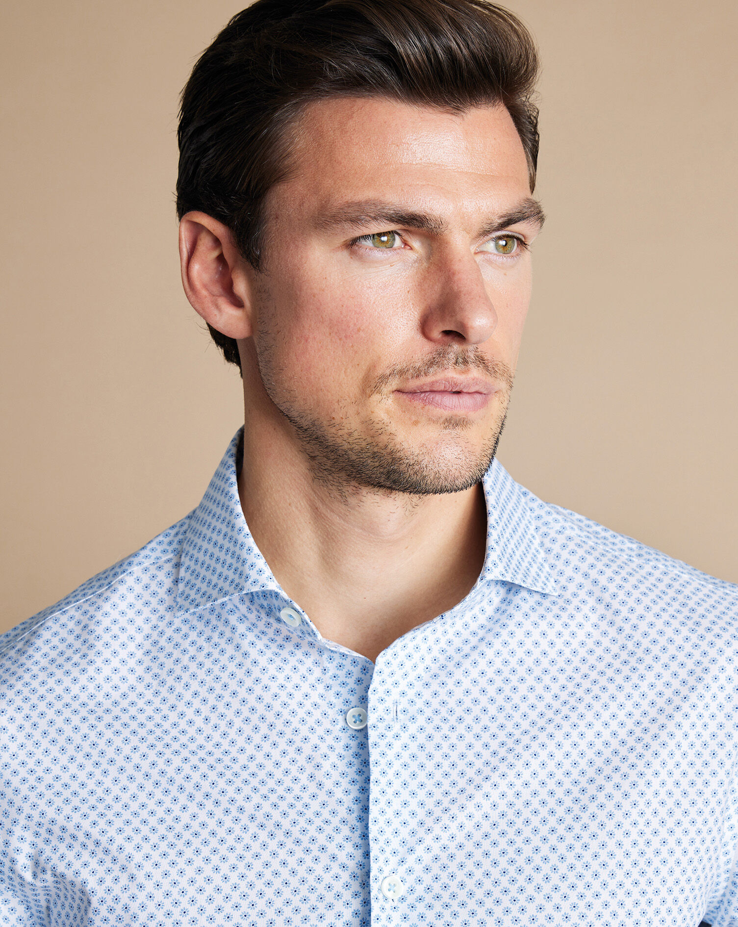 Semi-Spread Collar Non-Iron Stretch Daisy Print Shirt - Sky Blue