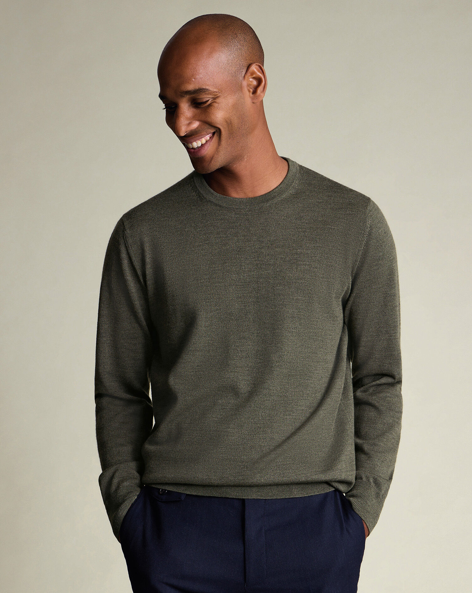 Pure Merino Crew Neck Sweater - Olive Green