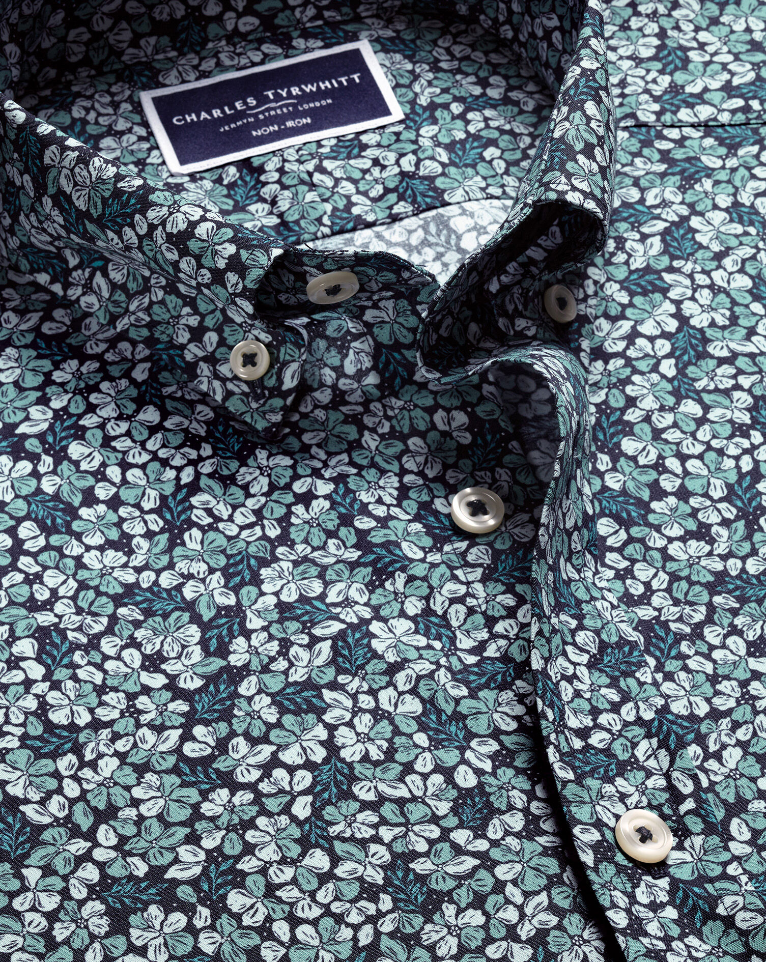 Non-Iron Stretch Floral Print Shirt - Navy