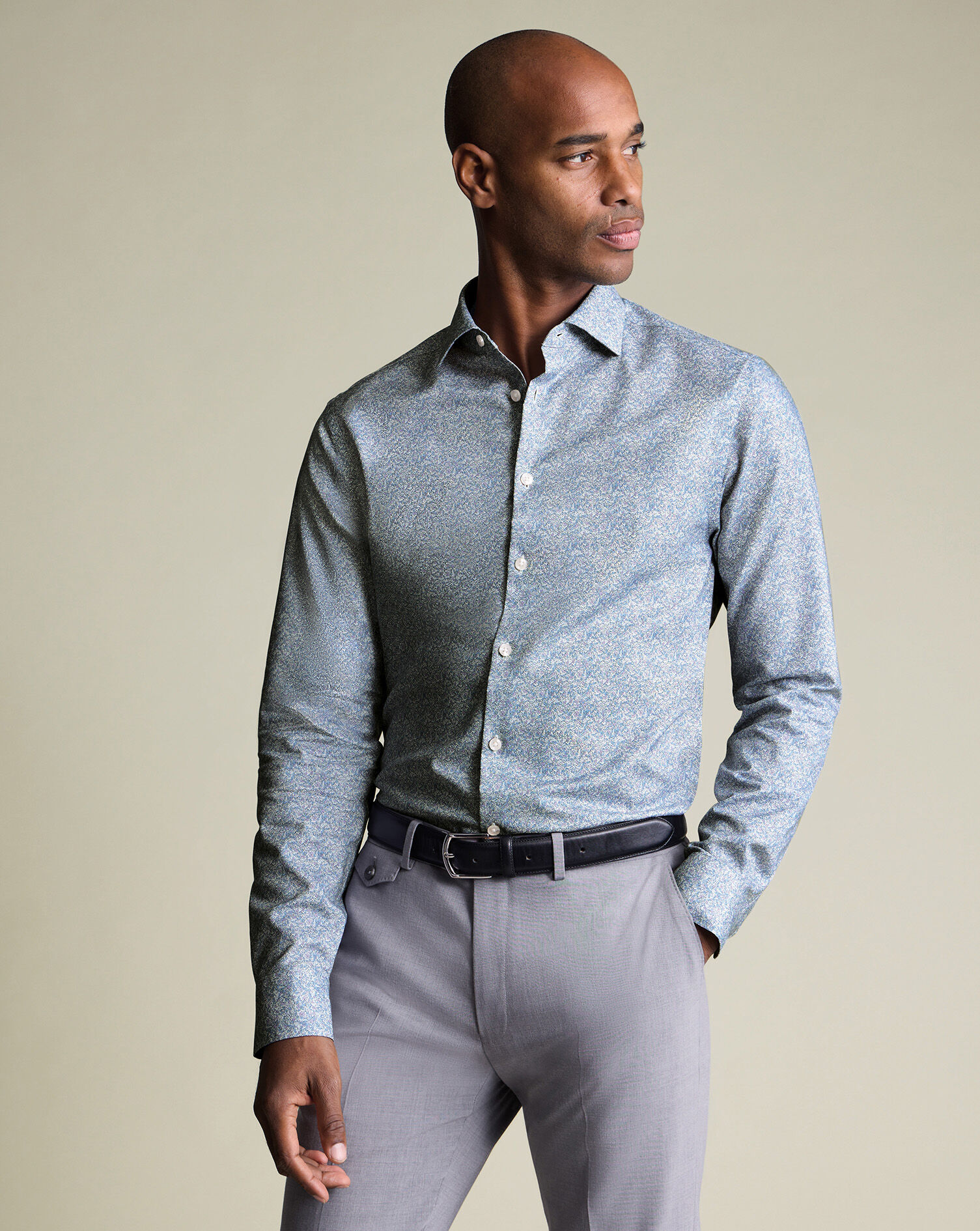 Non-Iron Stretch Print Shirt - Indigo Blue & Lilac