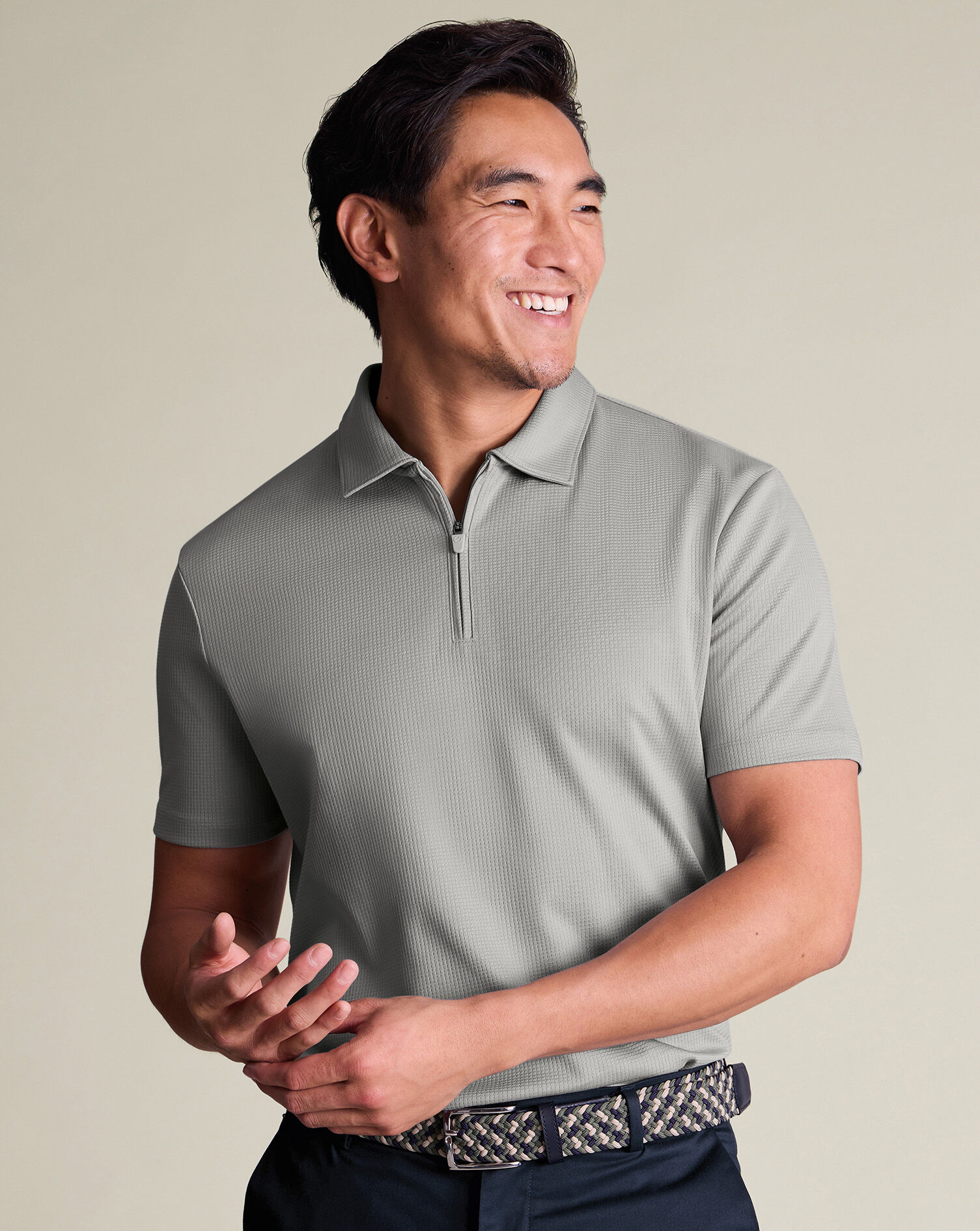 Performance Textured Zip-Neck Polo - Light Gray