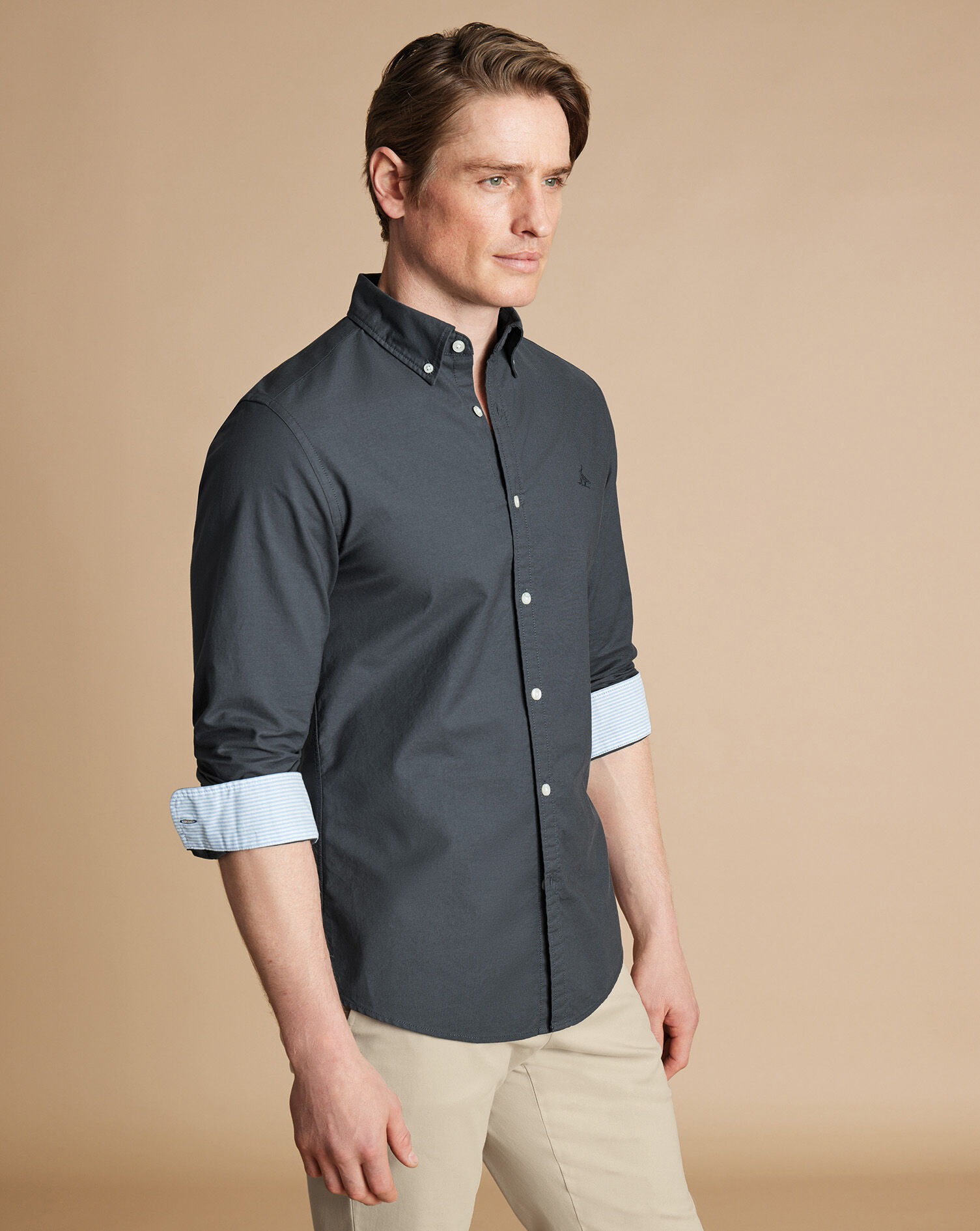 Slate Grey Button-Down Collar Stretch Washed Oxford Shirt