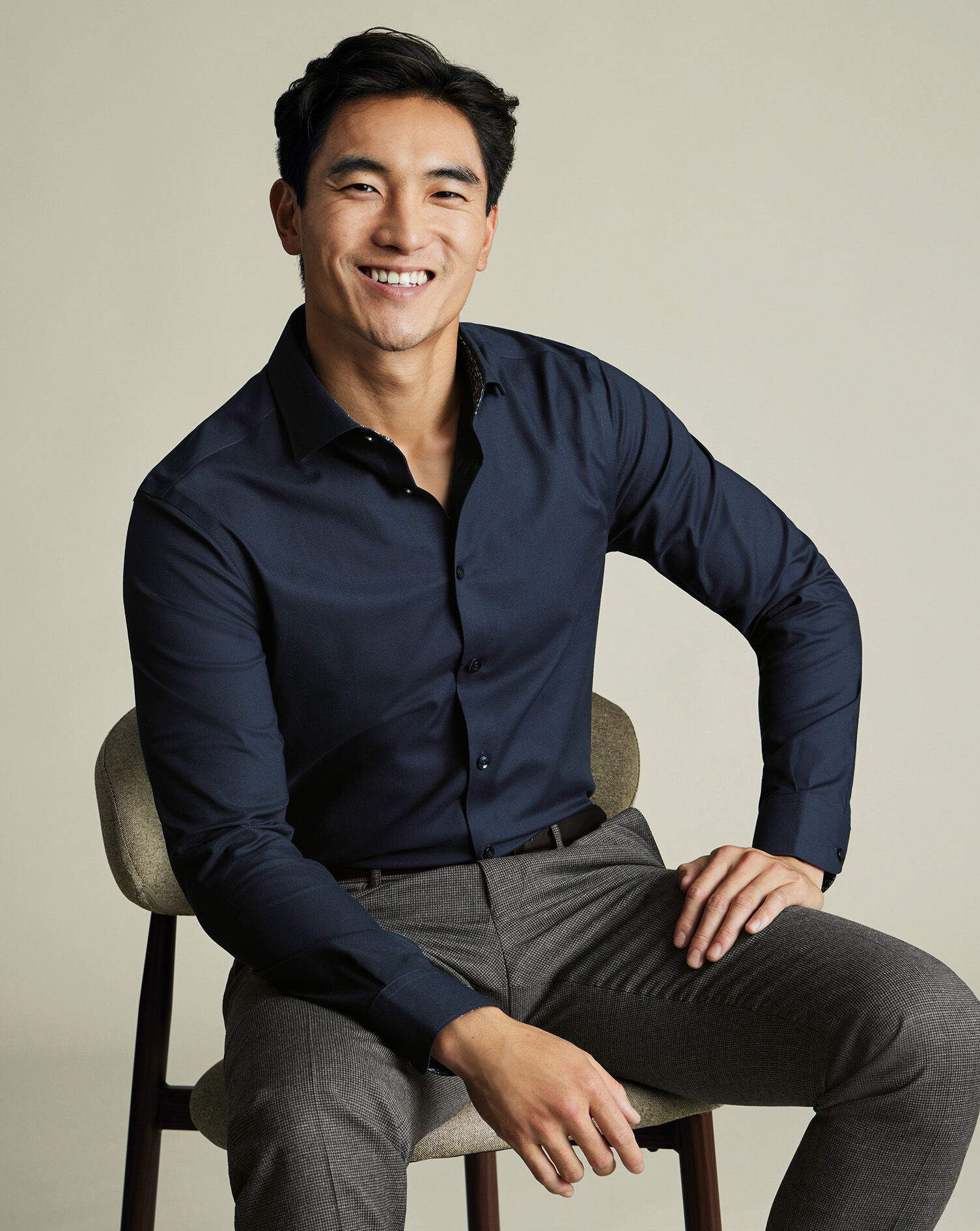 Non-Iron Stretch Printed Trim Shirt - Navy