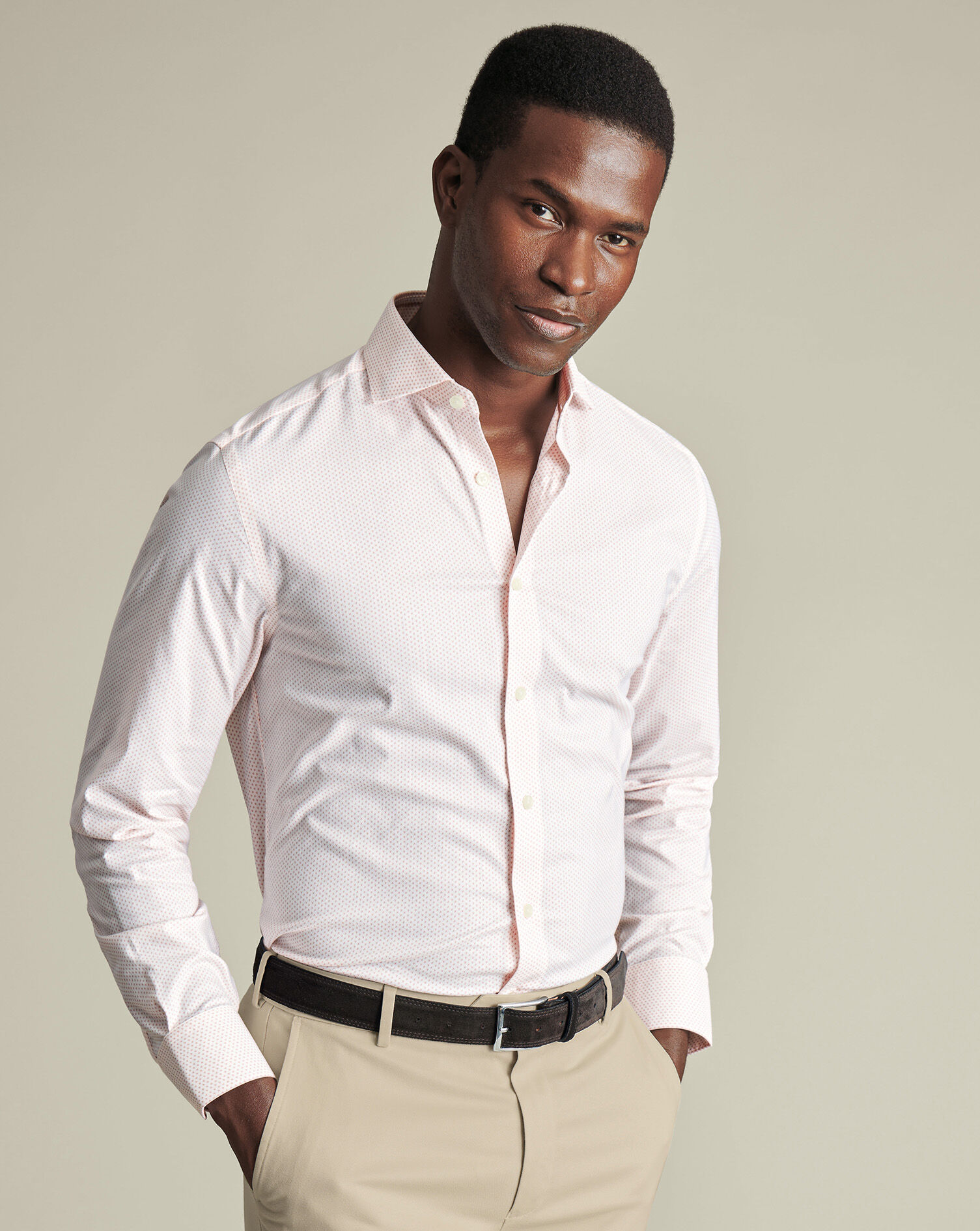 Non-Iron Performance Twill Print Shirt - White & Pink