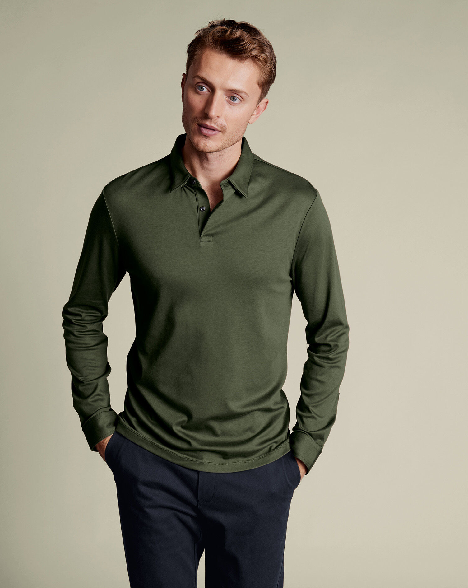 Smart Long Sleeve Jersey Polo - Olive Green
