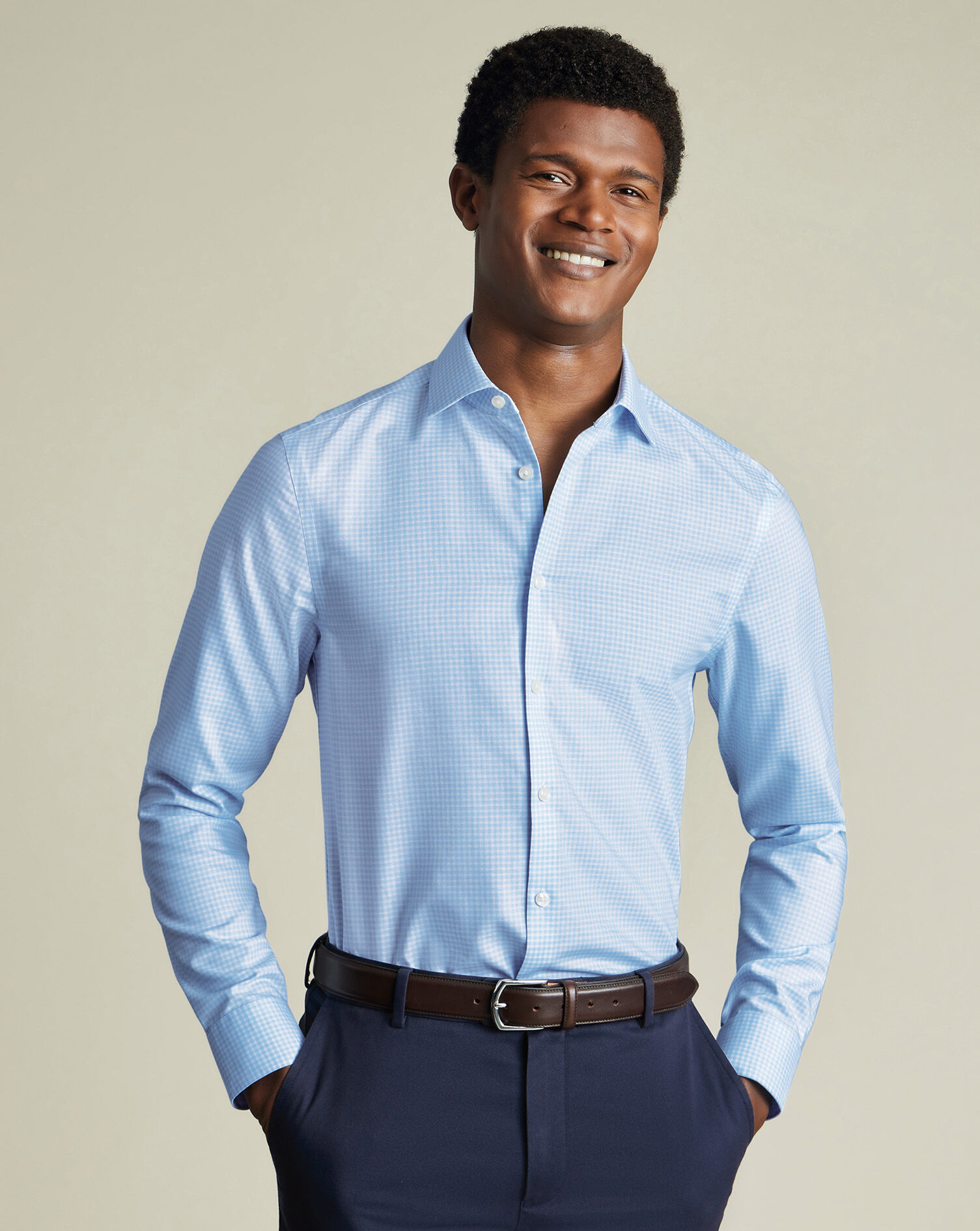 Non-Iron Cotton Linen Check Shirt - Sky Blue