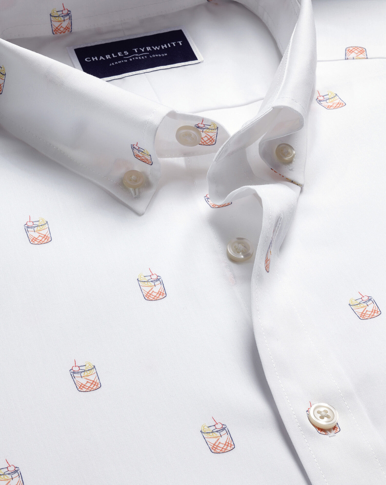 Non-Iron Stretch Cocktail Print Shirt - White
