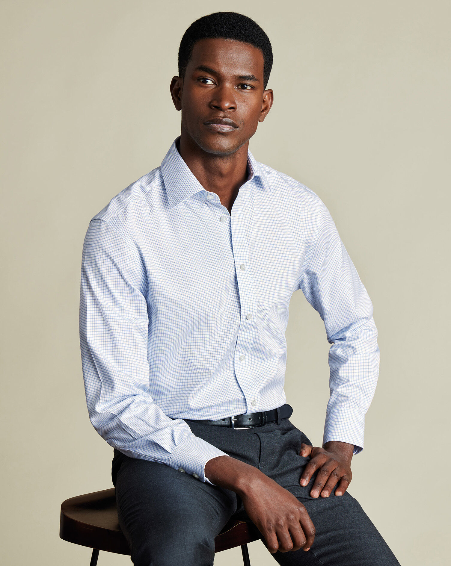 Non-Iron Twill Mini Grid Check Shirt - Cornflower Blue