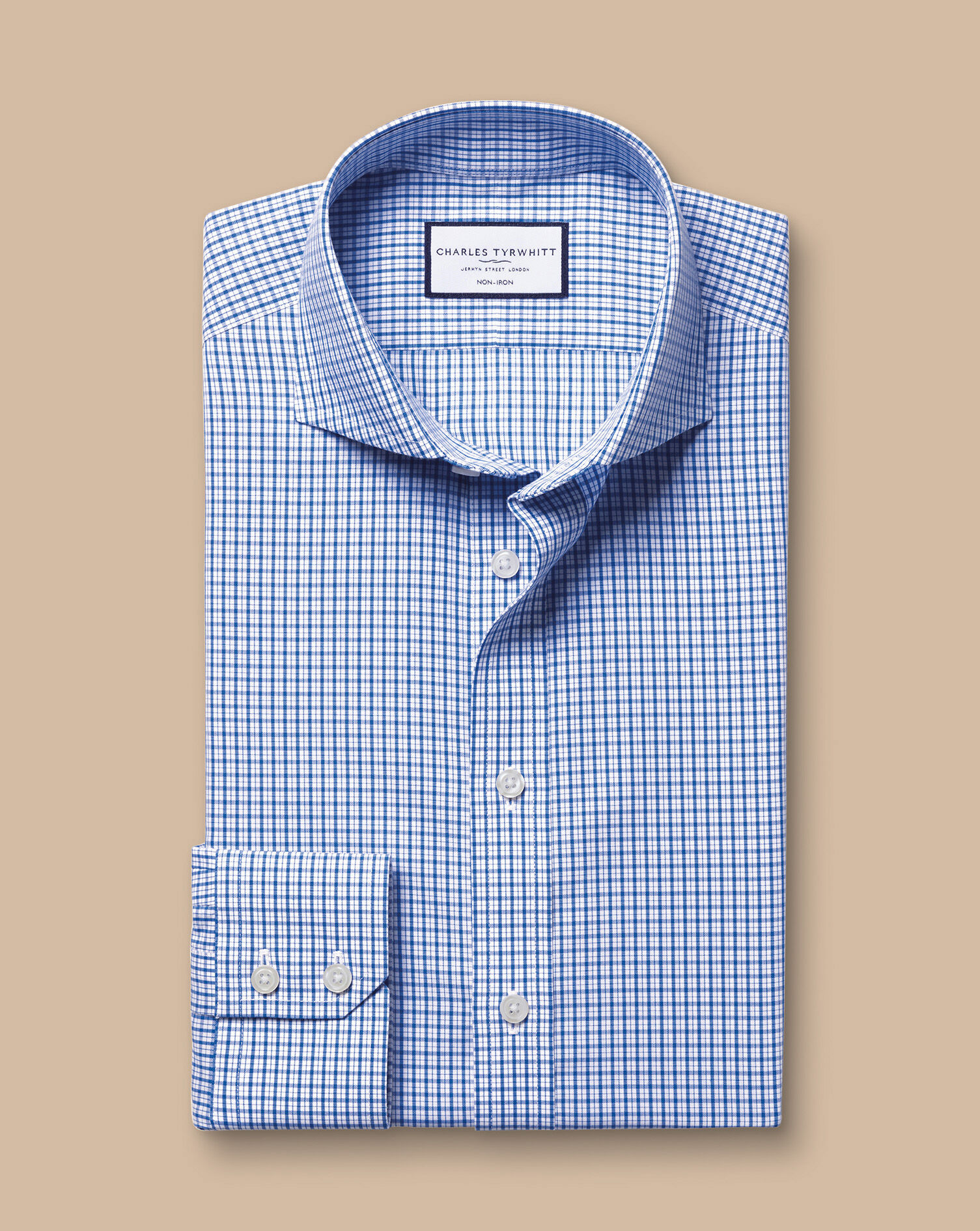 Spread Collar Non-Iron Poplin Grid Check Shirt - Cobalt Blue