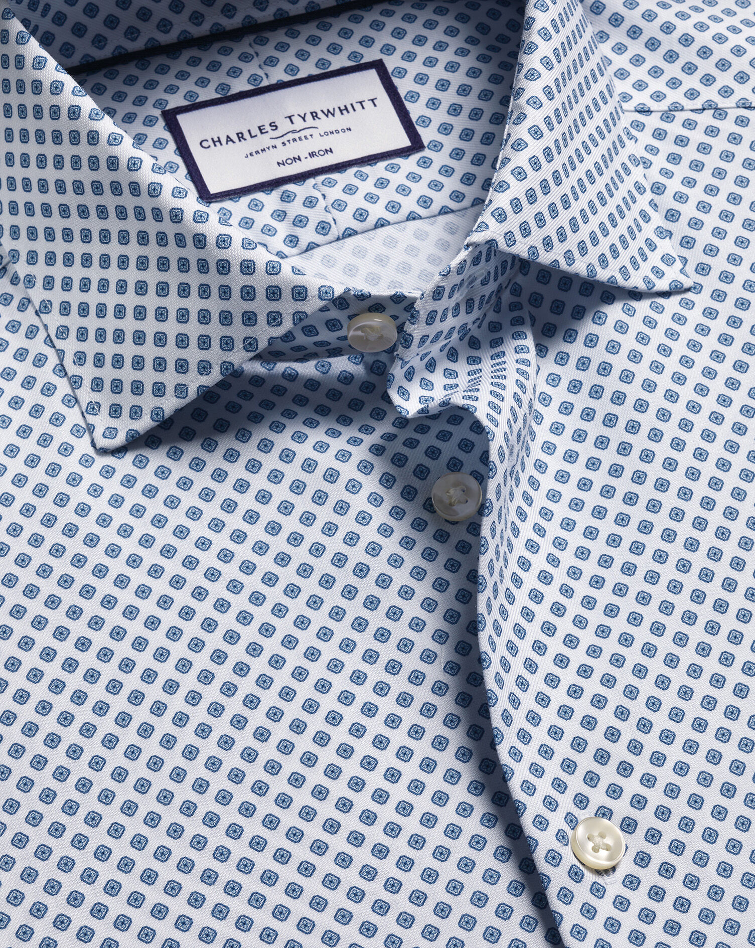 Non-Iron Stretch Diamond Print Shirt - Denim Blue