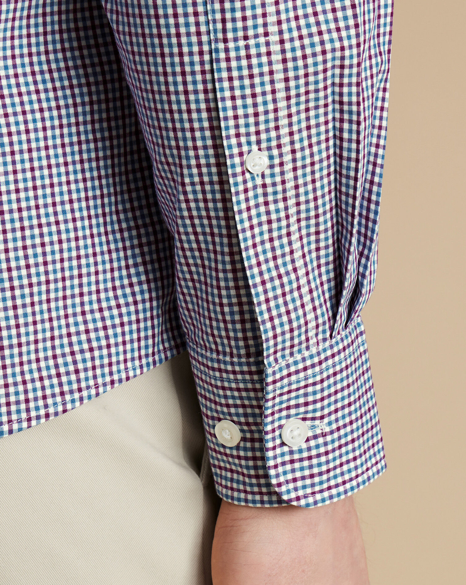 Button-Down Collar Non-Iron Stretch Poplin Mini Gingham Shirt - Raspberry Pink & Blue