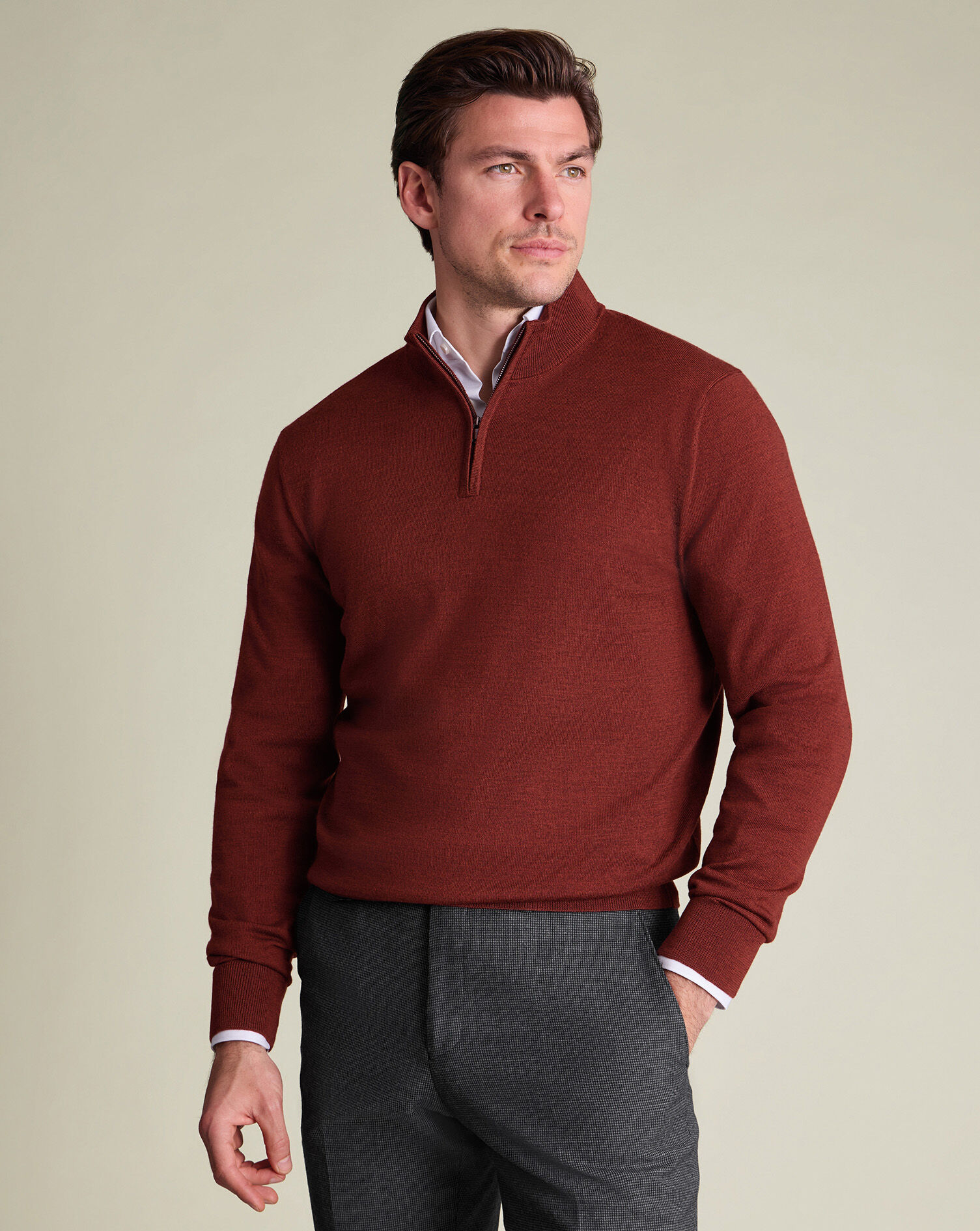 Pure Merino Quarter Zip Sweater - Burnt Orange