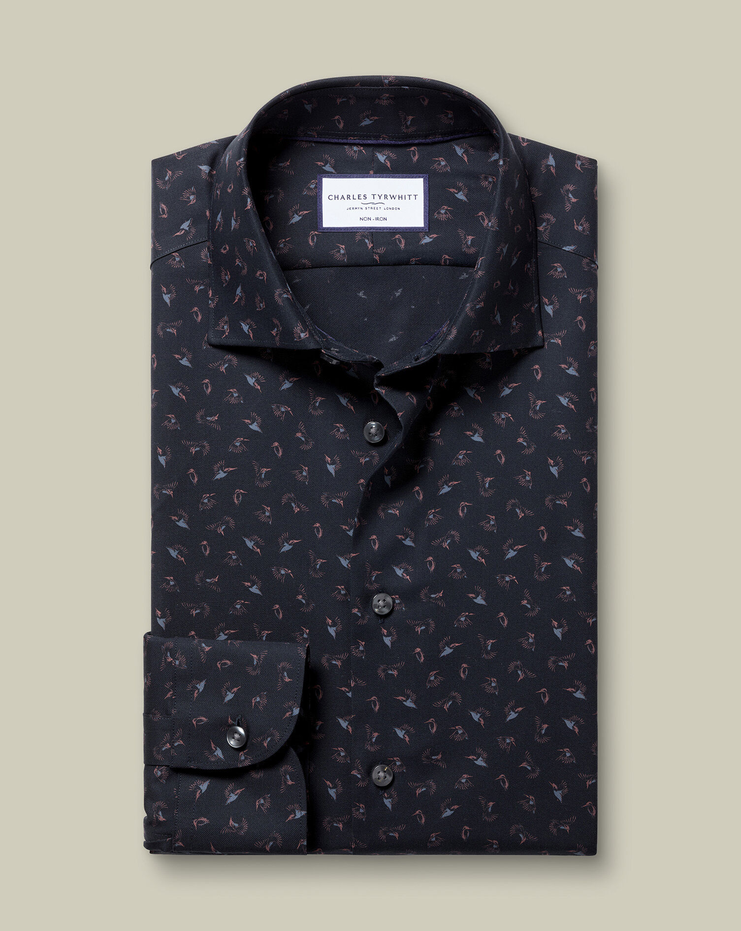 Non-Iron Stretch Bird Print Shirt - Charcoal