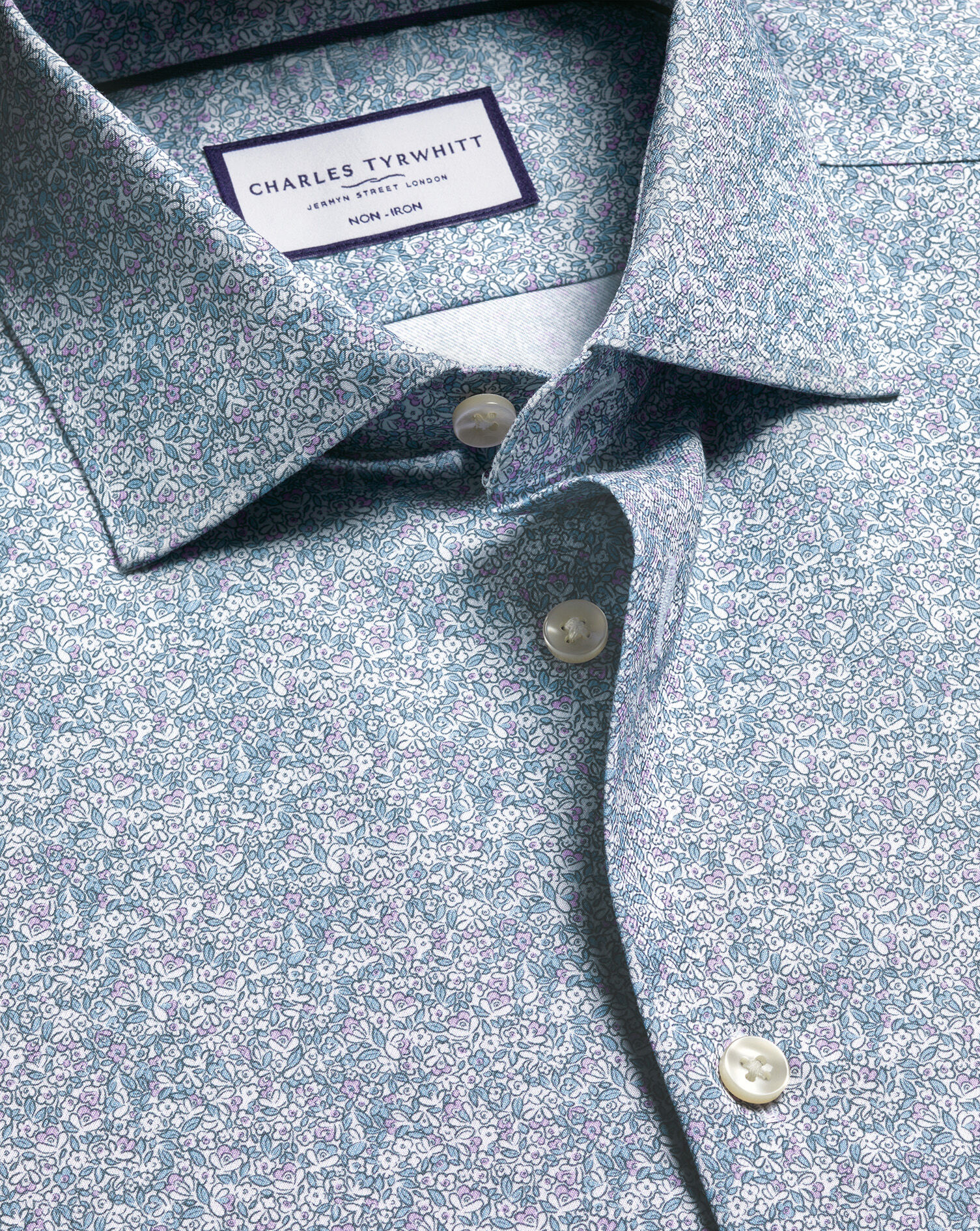 Non-Iron Stretch Print Shirt - Indigo Blue & Lilac