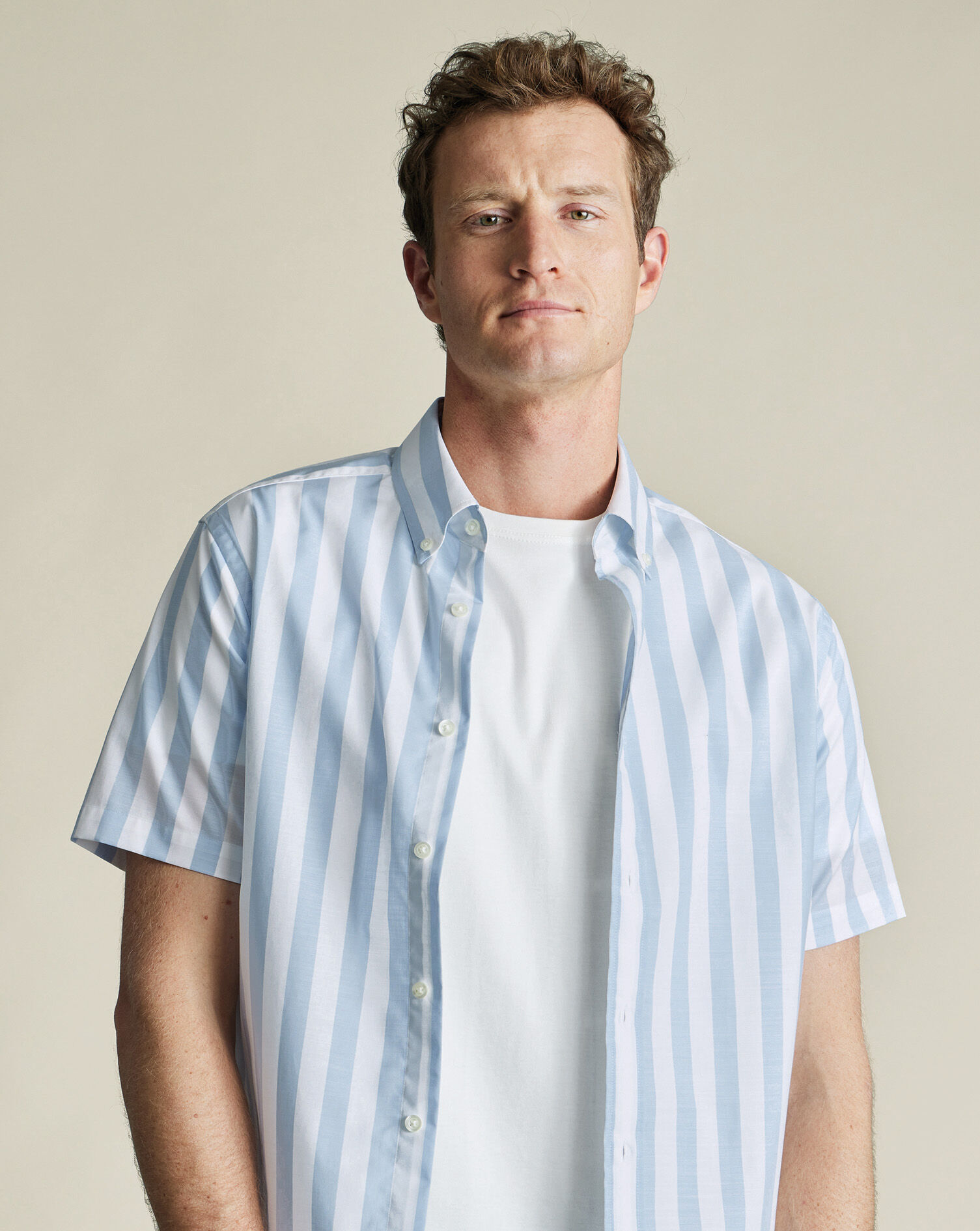 Non-Iron Stretch Poplin Slub Short Sleeve Shirt - Sky Blue