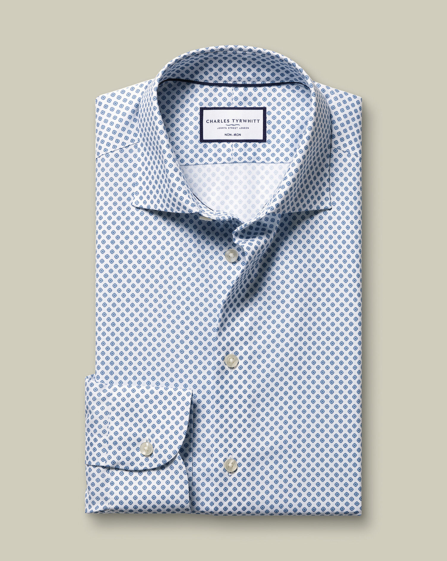 Non-Iron Stretch Diamond Print Shirt - Denim Blue
