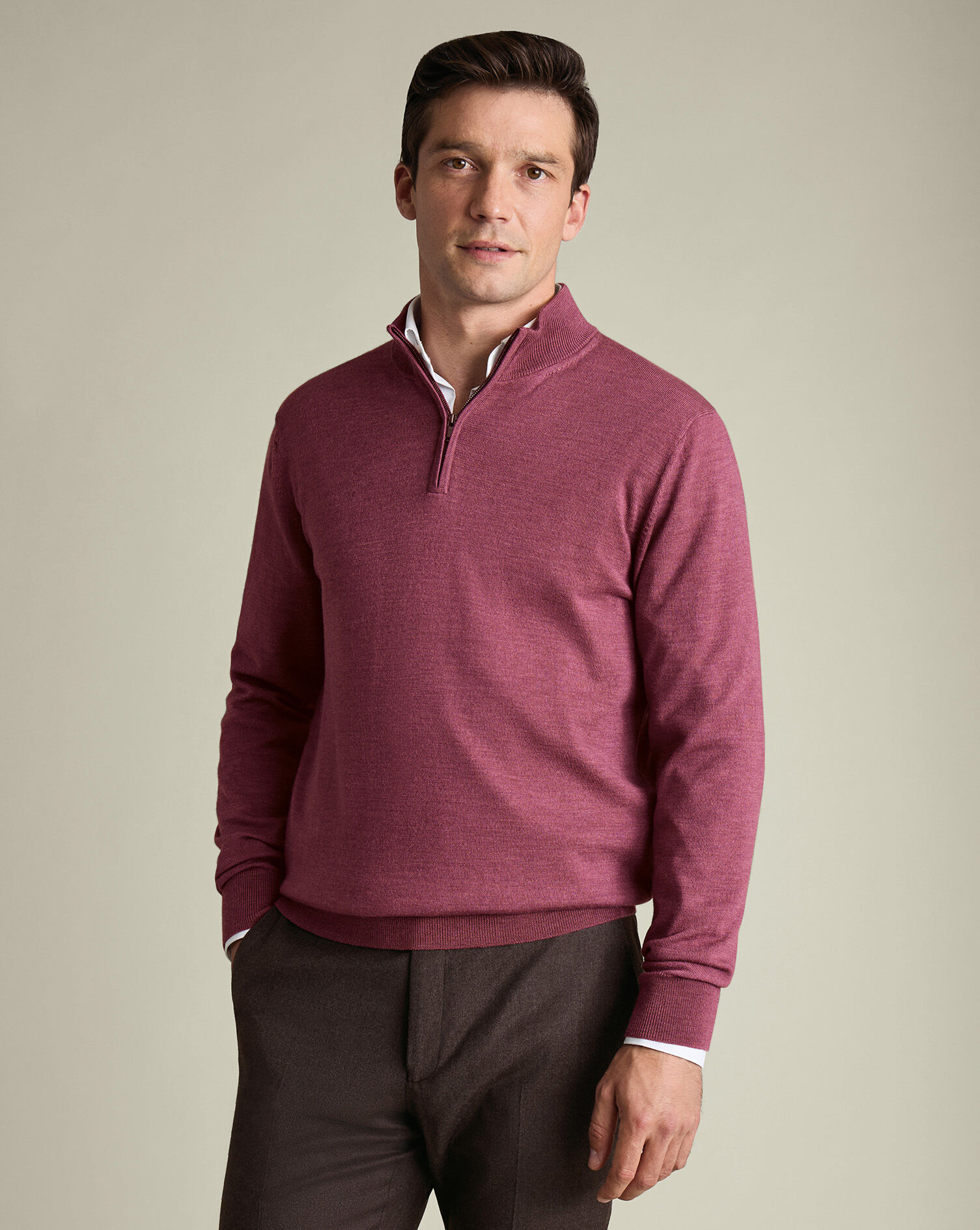 Pure Merino Quarter Zip Sweater - Dark Pink