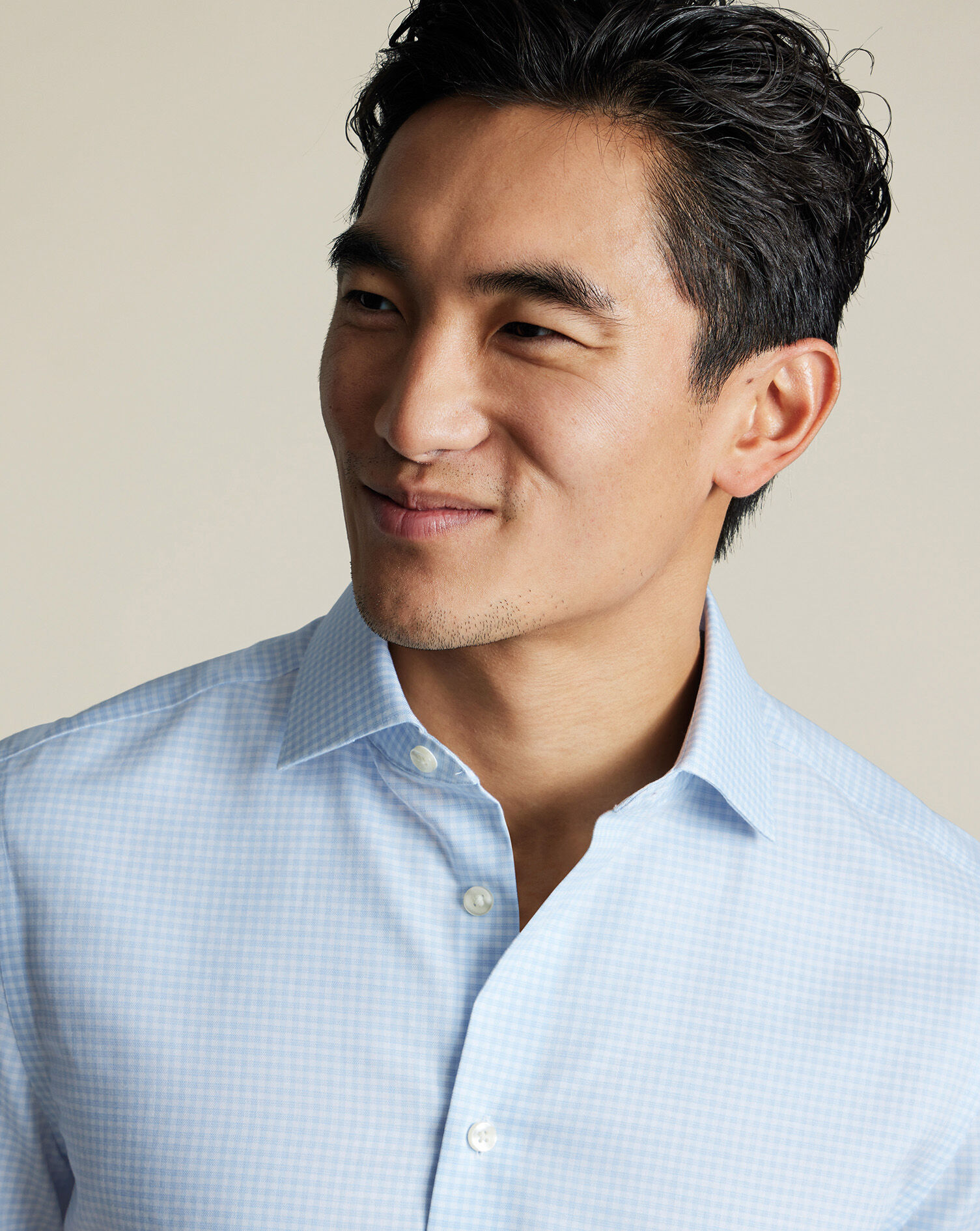 Non-Iron Cotton Linen Check Short Sleeve Shirt - Sky Blue