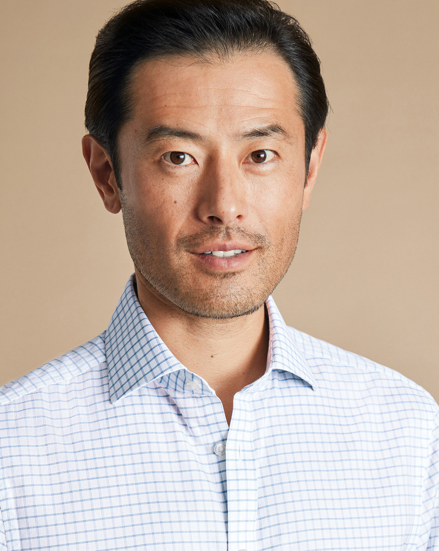 Spread Collar Non-Iron Twill Fine Check Shirt - Cornflower Blue