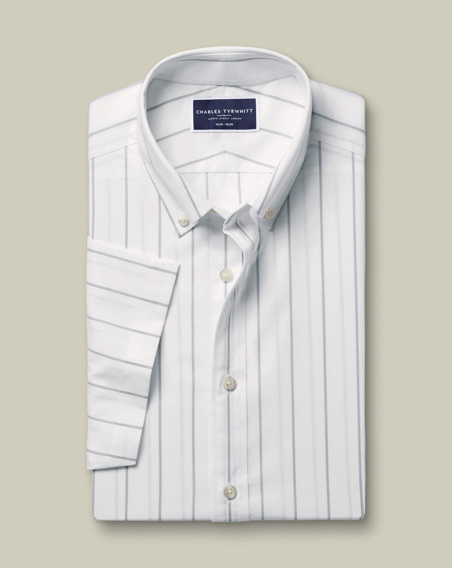 Non-Iron Stretch Poplin Slub Short Sleeve Shirt - White & Blue