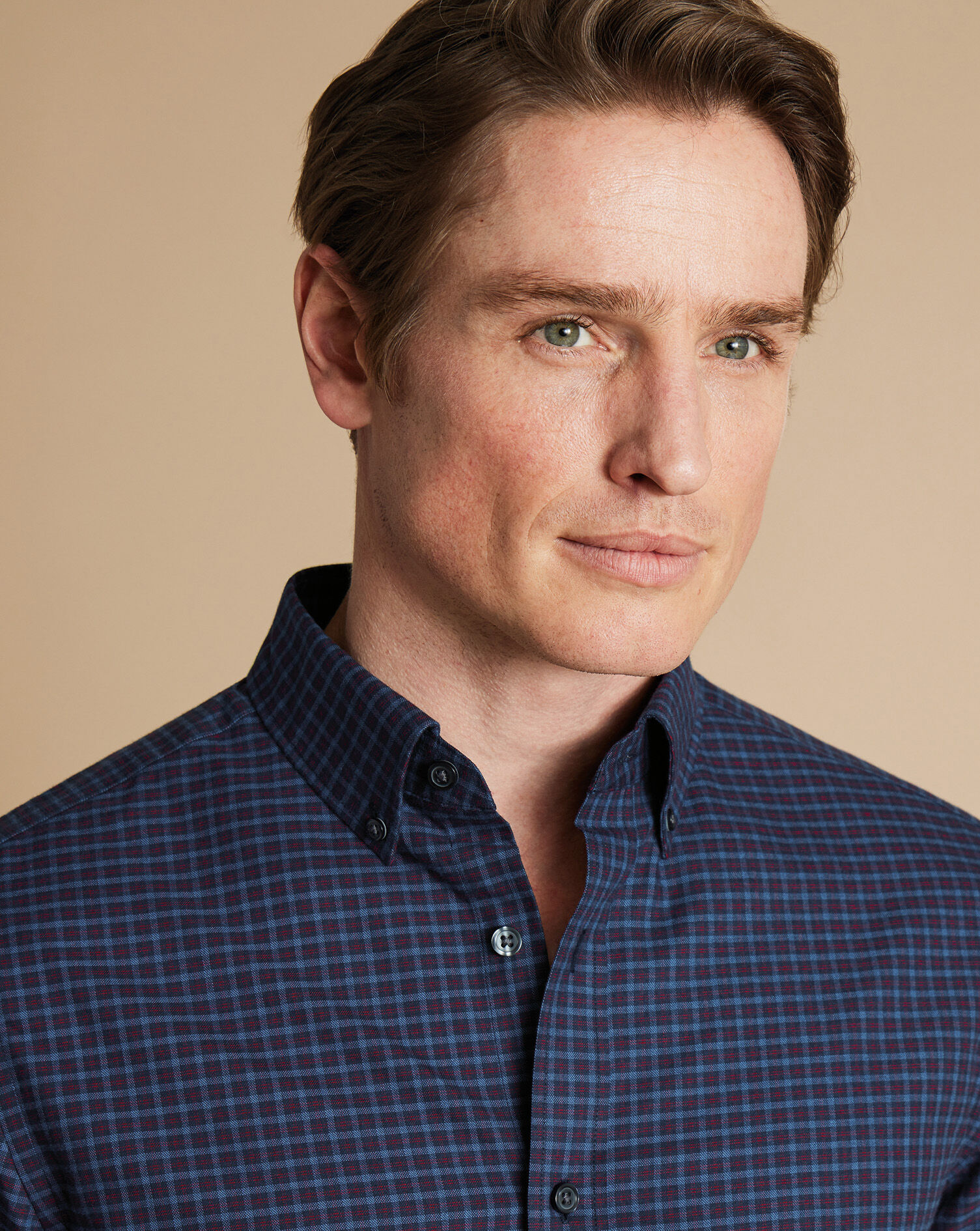 Brushed Cotton Twill Check Shirt - Indigo Blue & Red