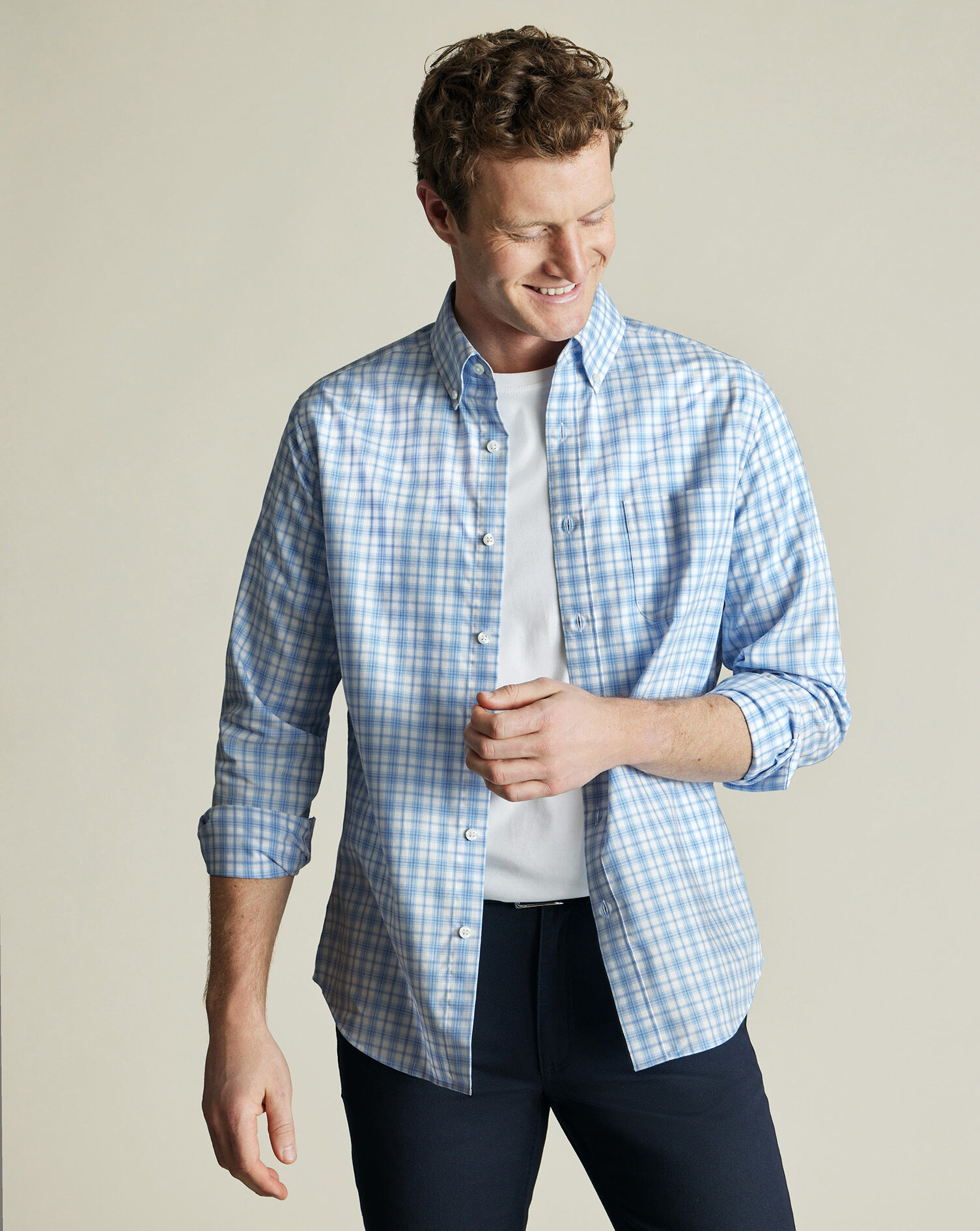 Non-Iron Stretch Poplin Check Shirt - Cornflower Blue