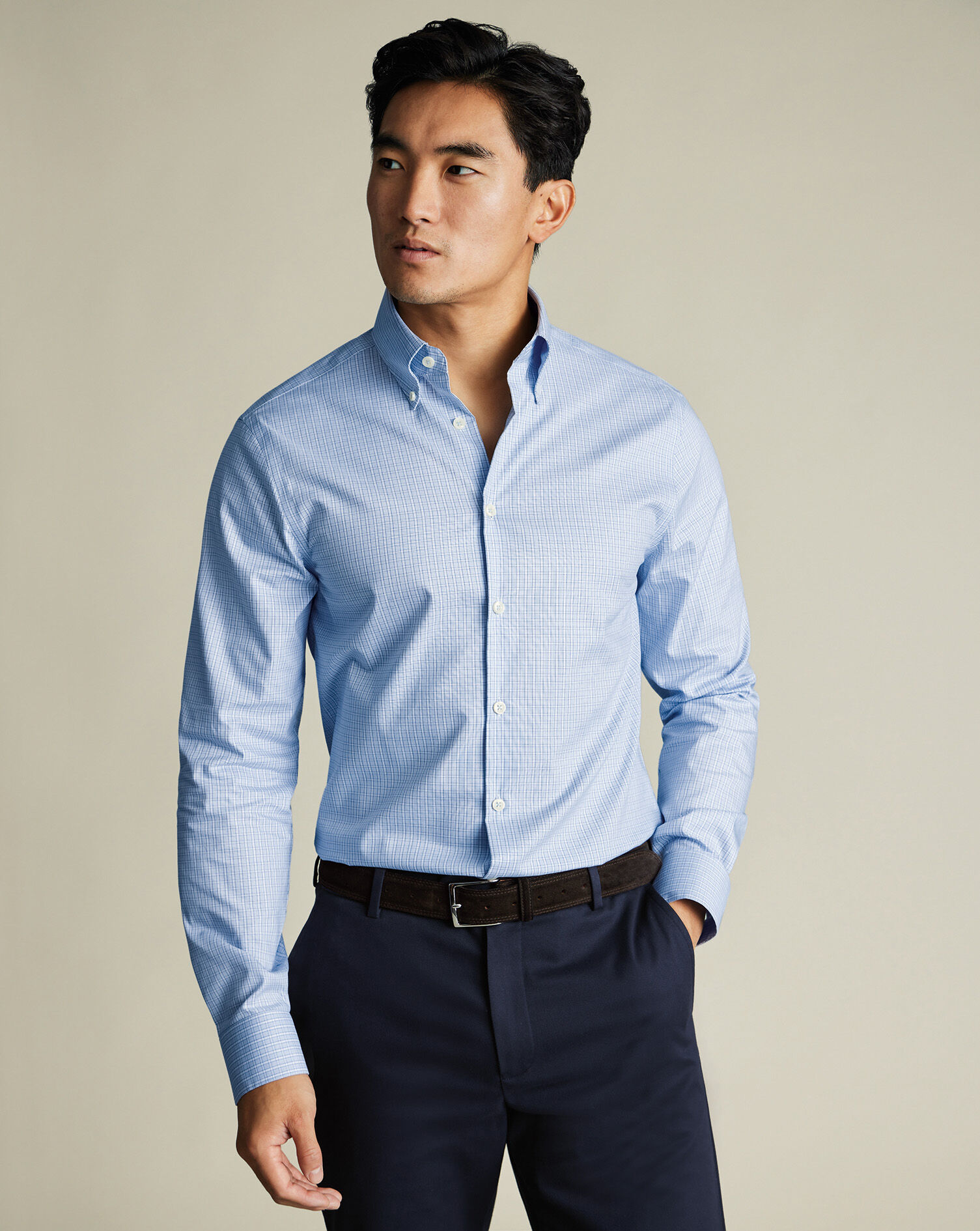 Button-Down Non-Iron Oxford Check Shirt - Sky Blue