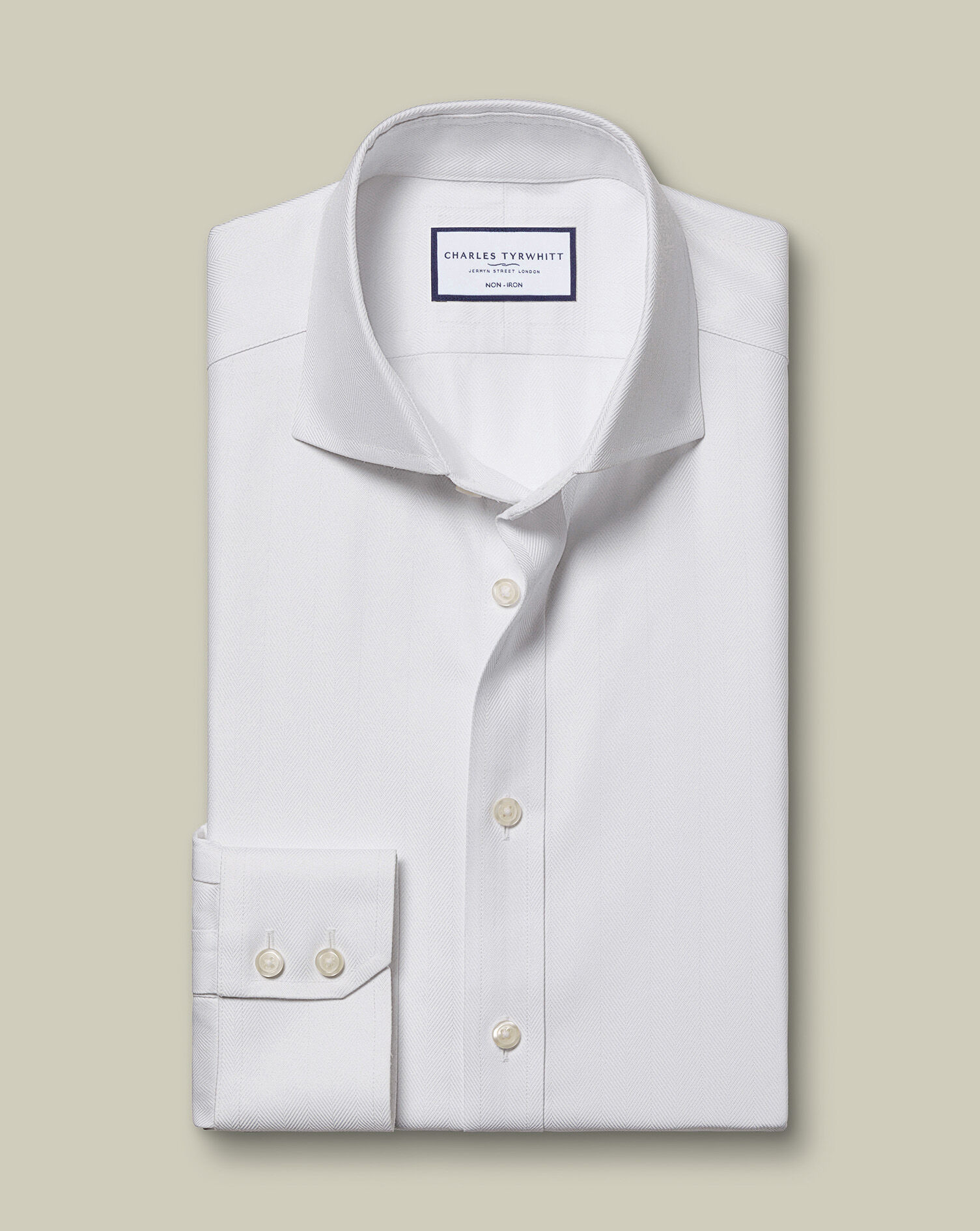 Spread Collar Non-Iron Herringbone Shirt - White