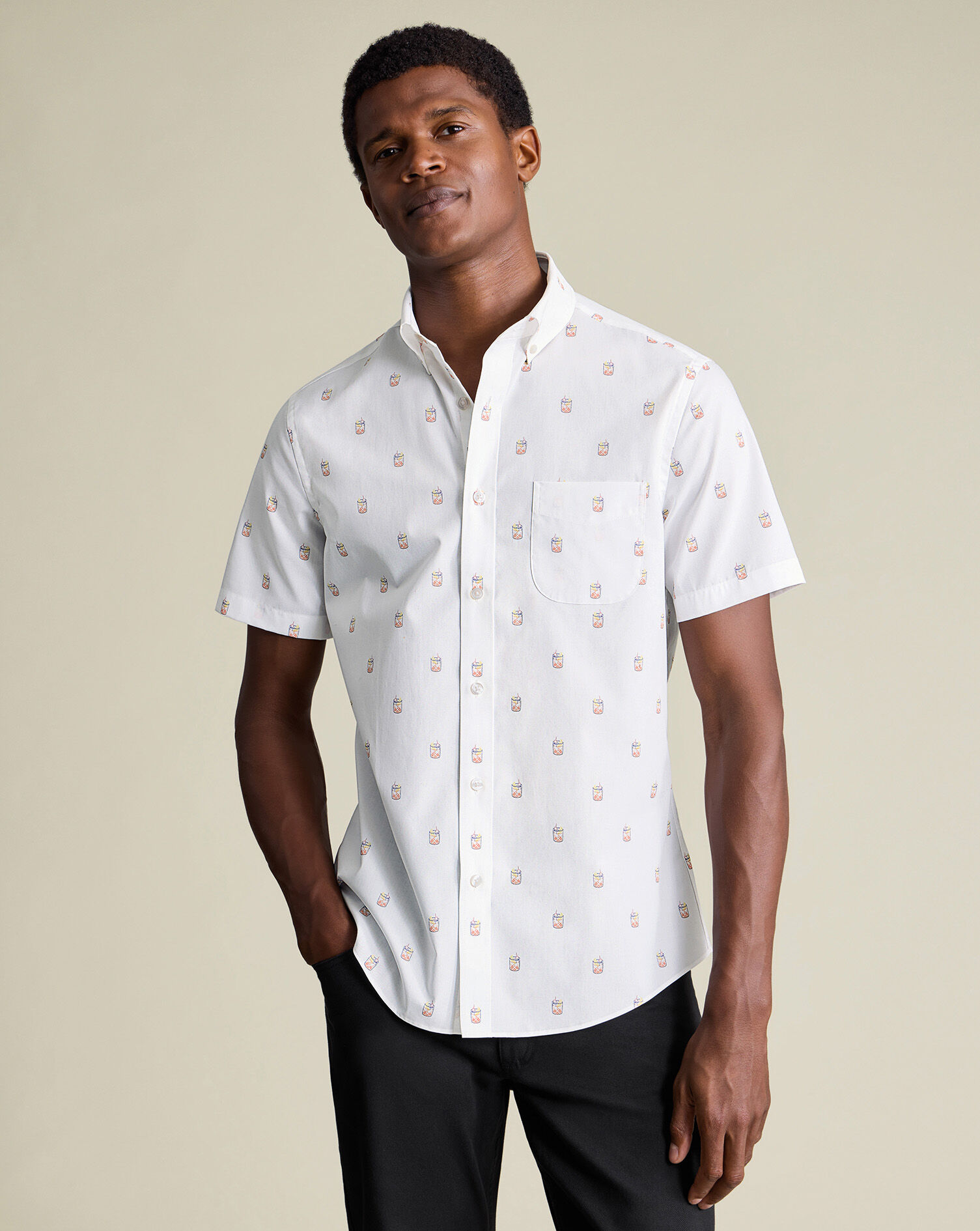Non-Iron Stretch Cocktail Print Shirt - White