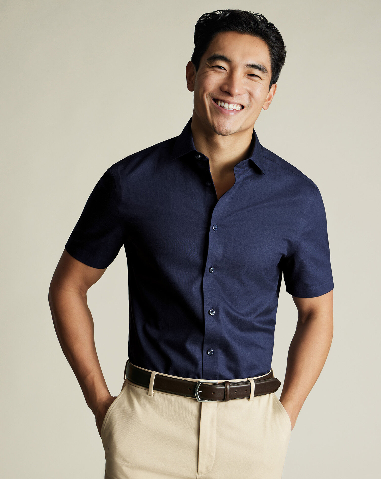 Non-Iron Cotton Linen Short Sleeve Shirt - Ink Blue