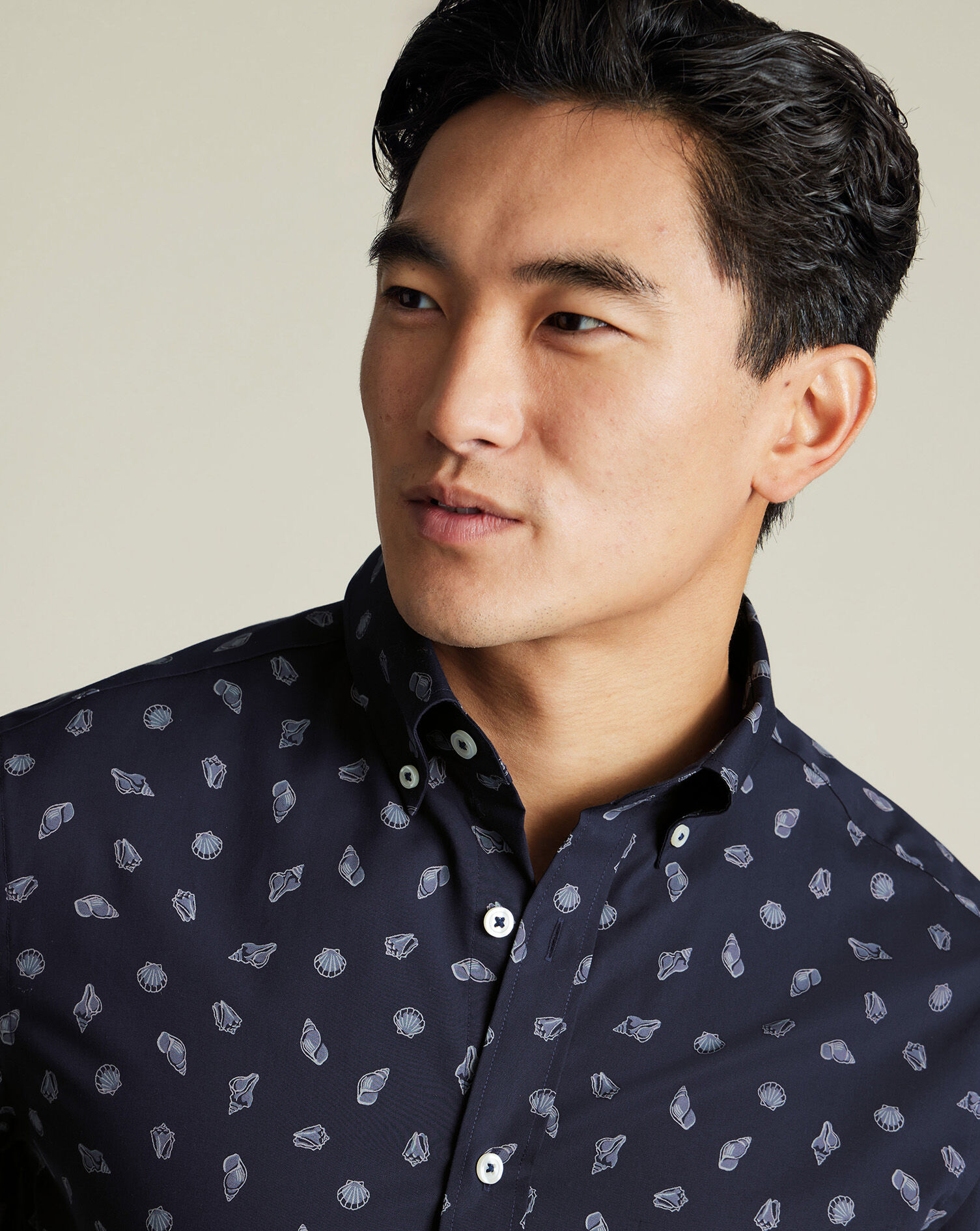 Non-Iron Poplin Shell Print Short Sleeve Shirt - Ink Blue