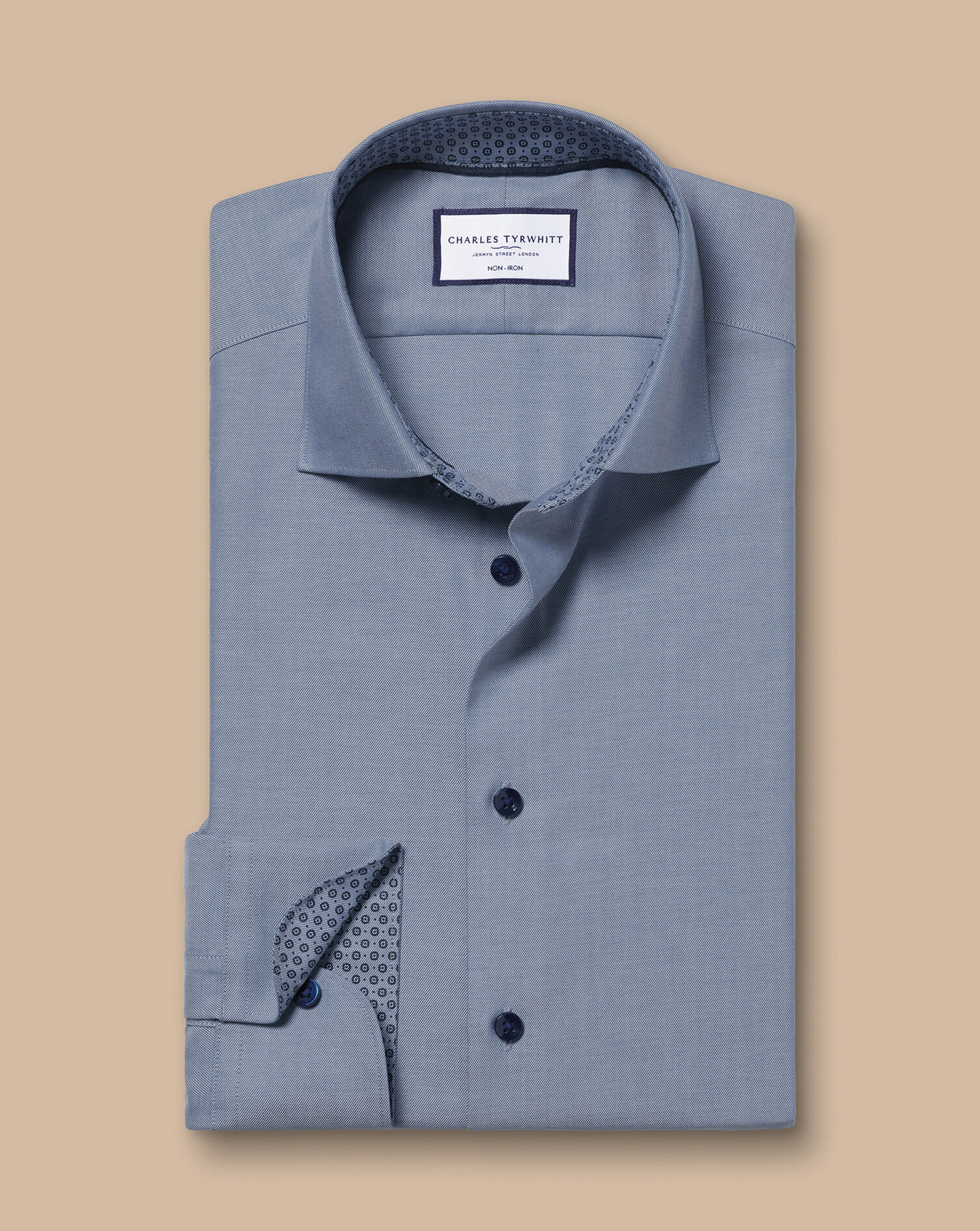 Semi-Spread Collar Twill Shirt with Printed Trim - Steel Blue