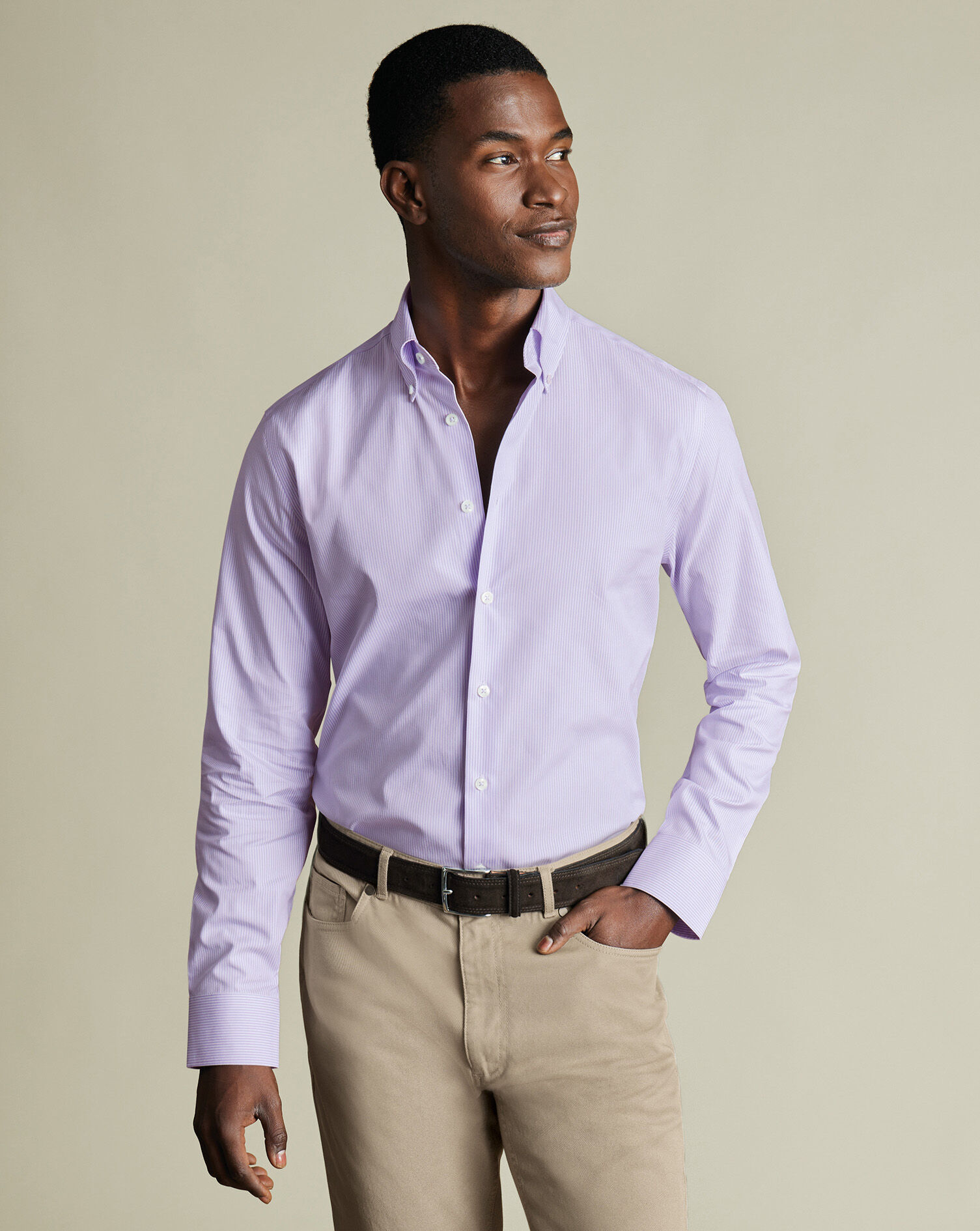 Button-Down Non-Iron Oxford Stripe Shirt - Lilac Purple