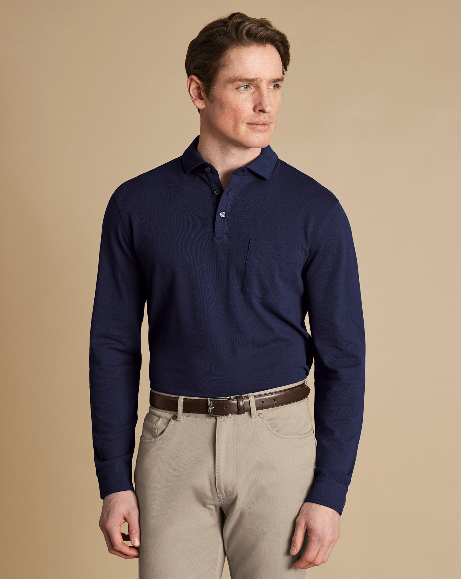 Long Sleeve Pique Polo - Denim Blue