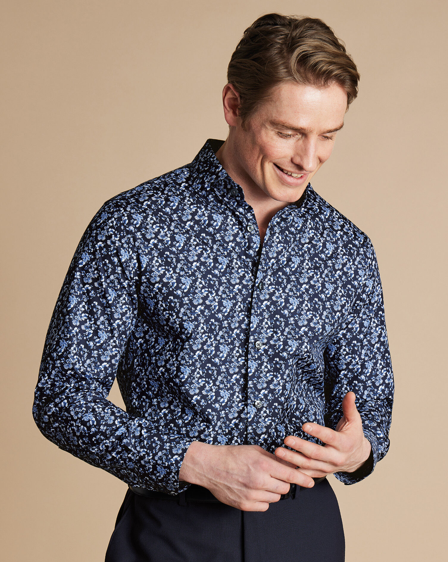 Made with Liberty Fabric Semi-Spread Large Floral Shirt - Navy